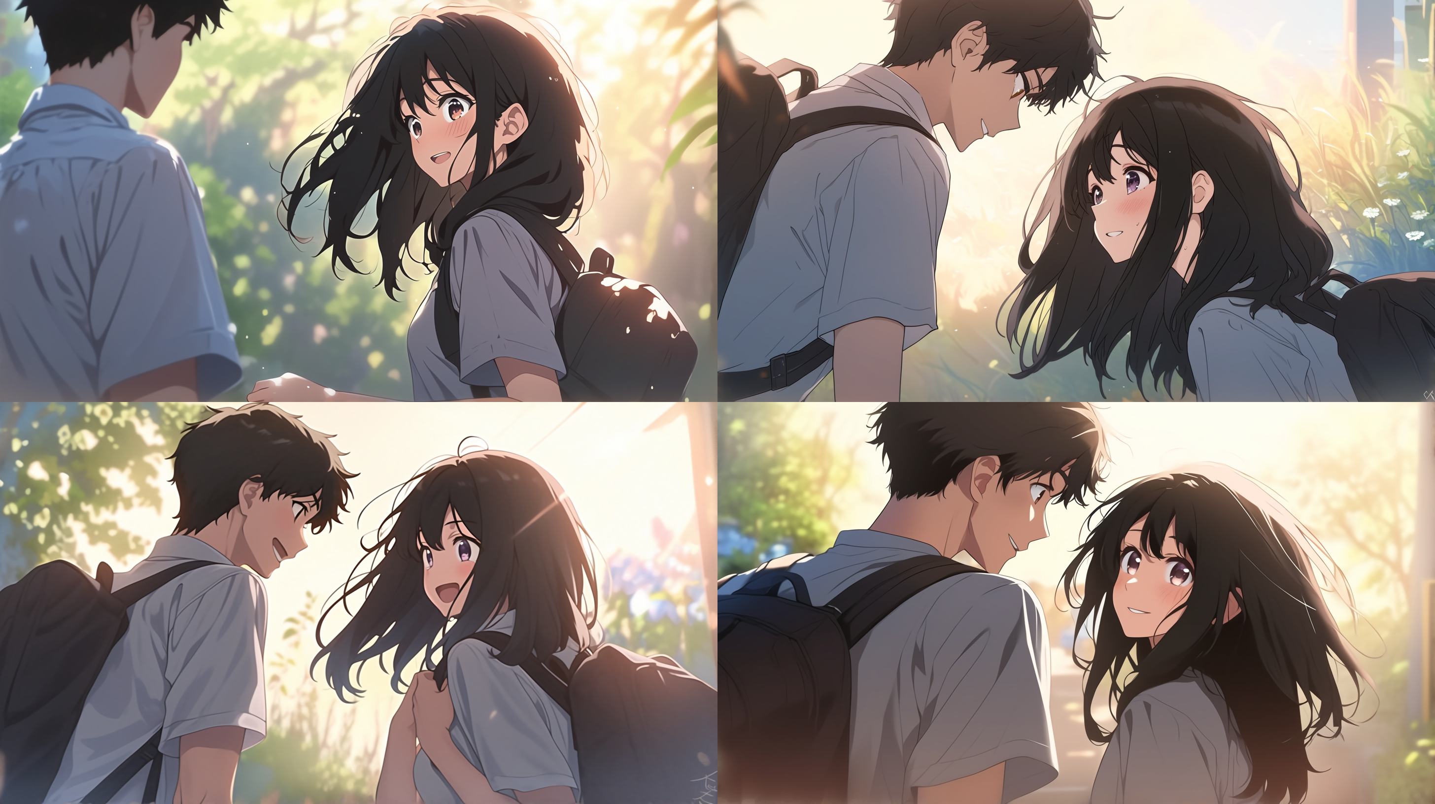 近景，广角，阳光明媚，吉卜力风格，杰作。额头紧贴着额头，额头贴在一起，开心，温暖色调，自然光，柔和焦点，亲密，动态捕捉，温馨，快乐。