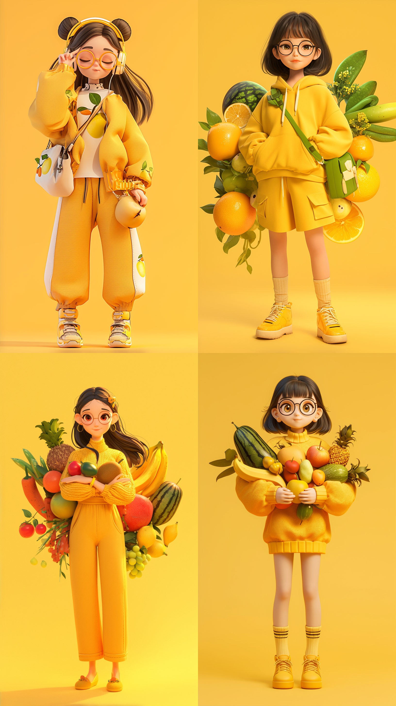 黑色头发，黄色衣服，可爱的女孩，端着各种水果，戴眼镜，黄色背景前，详细的角色设计，全身可见，卡通ip风格，动感十足。配色柔和，采用3d建模软件c4d制作，使用超高品质ultra hd 8k分辨率，水果元素, 卡通ip风格, 科技感, 水果蔬菜装饰, 水果武器, 视图, 3d建模, c4d, ultra hd 8k, 皮克斯动画.