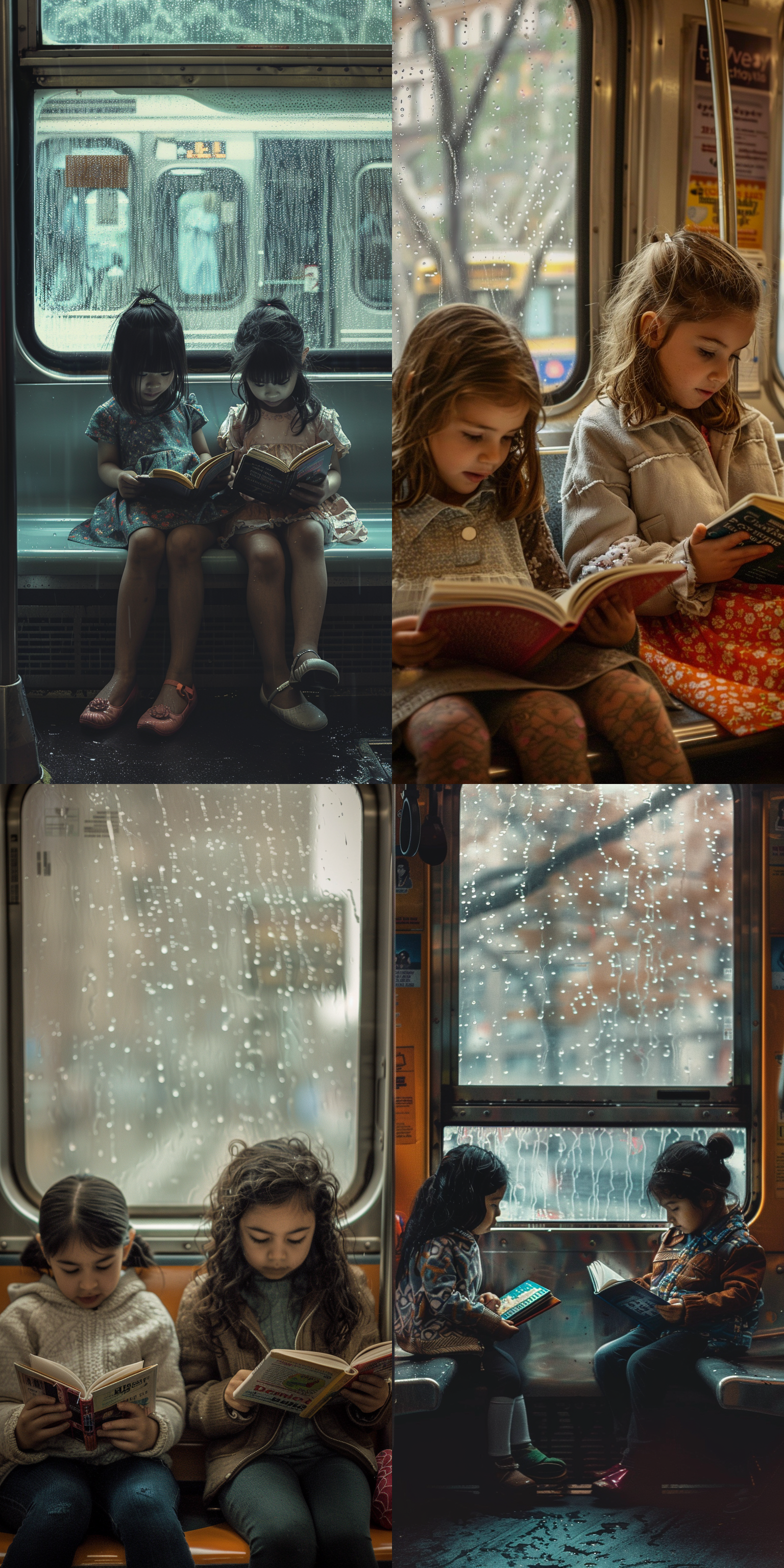 两个小女孩在地铁座位上专注看书，窗外雨景，柔和光线，室内暖色调，长焦镜头，静态构图，温馨，专注，雨滴模糊效果，书本细节清晰，安静氛围。