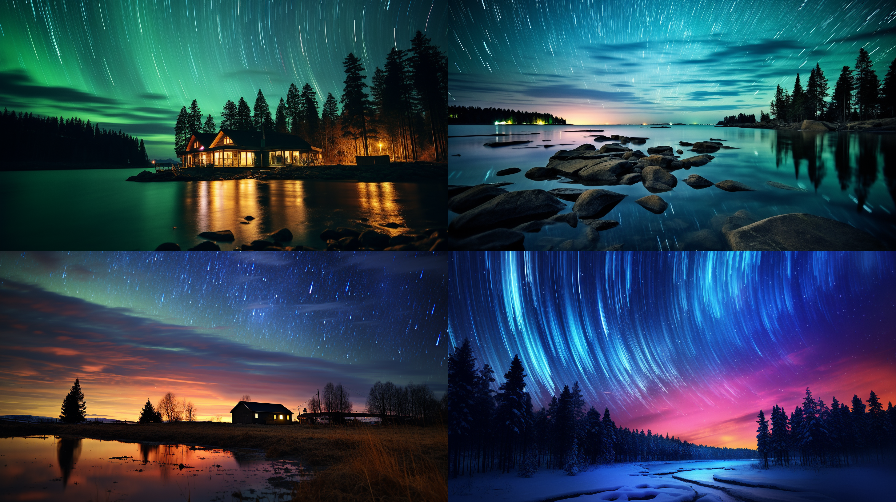 星空下，流星划过，极光舞动，广角镜头，低光环境，高动态范围，冷暖色调交错，长时间曝光，宁静，神秘。