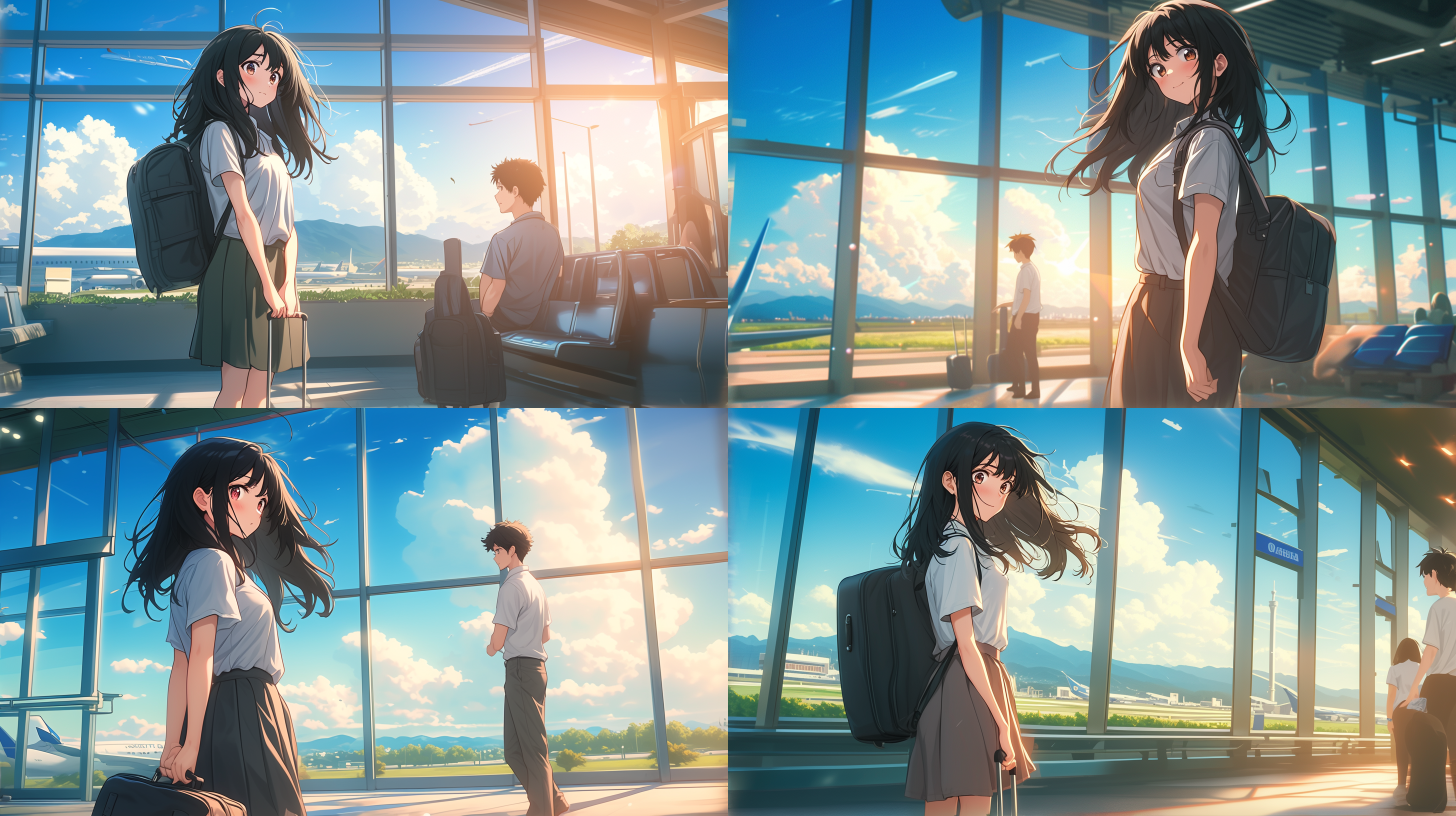 吉卜力风格，远景，广角，鲜艳，16:9，仰视视角，阳光灿烂。机场，女生，休闲连衣裙，独自，窗边，面朝窗外，看飞机，行李箱，期待表情，柔和侧光，温暖色调，梦幻氛围。
