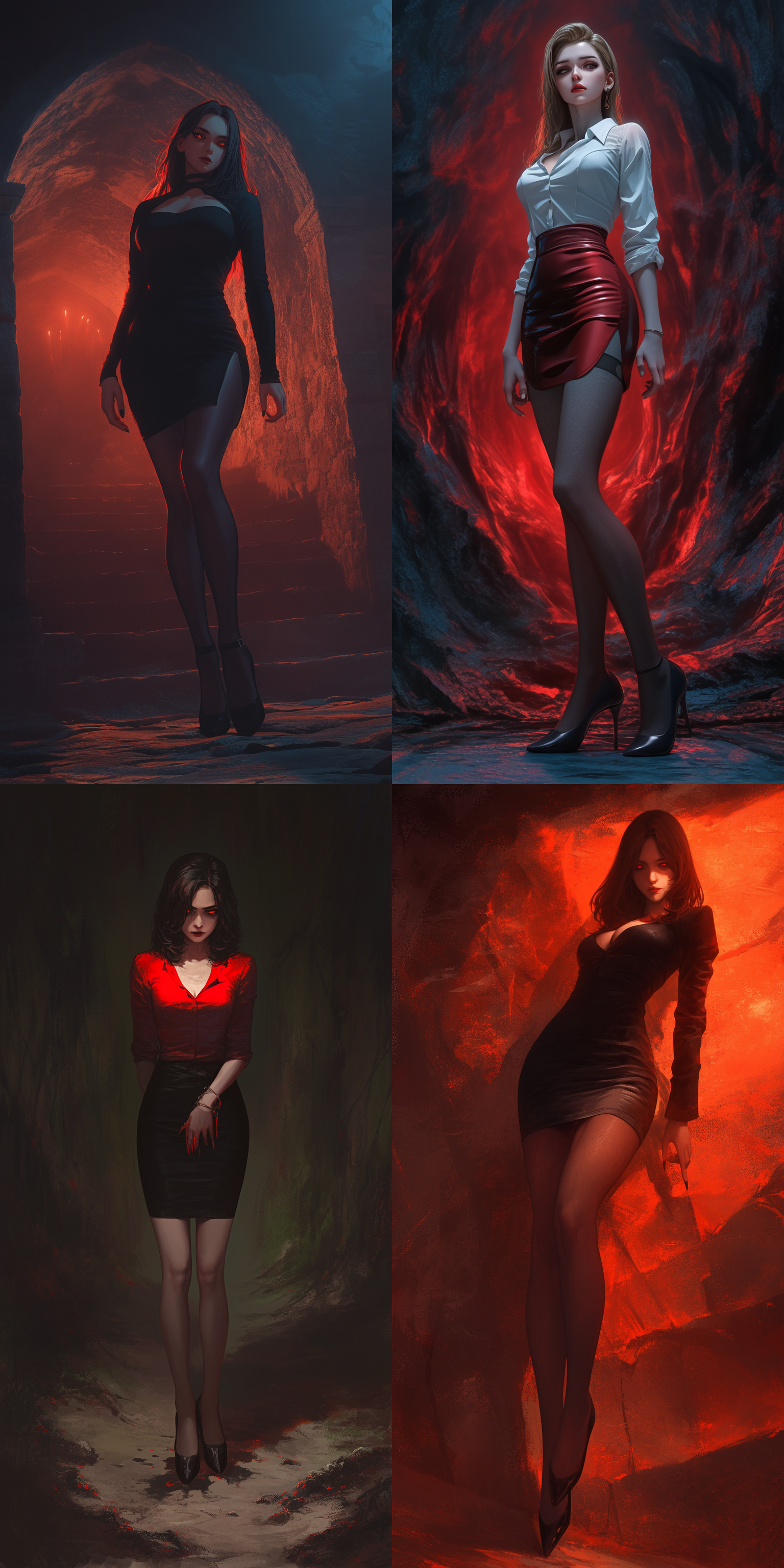 一位薄短裙美女，站姿，高跟鞋，全身图，五官精致，邪恶表情，眼中有邪恶的红光，阴暗场景，背景为黑暗神秘洞窟，压抑感，克苏鲁风格，低色彩饱和度，照片质感，昏暗光线，诡异氛围，注重细节