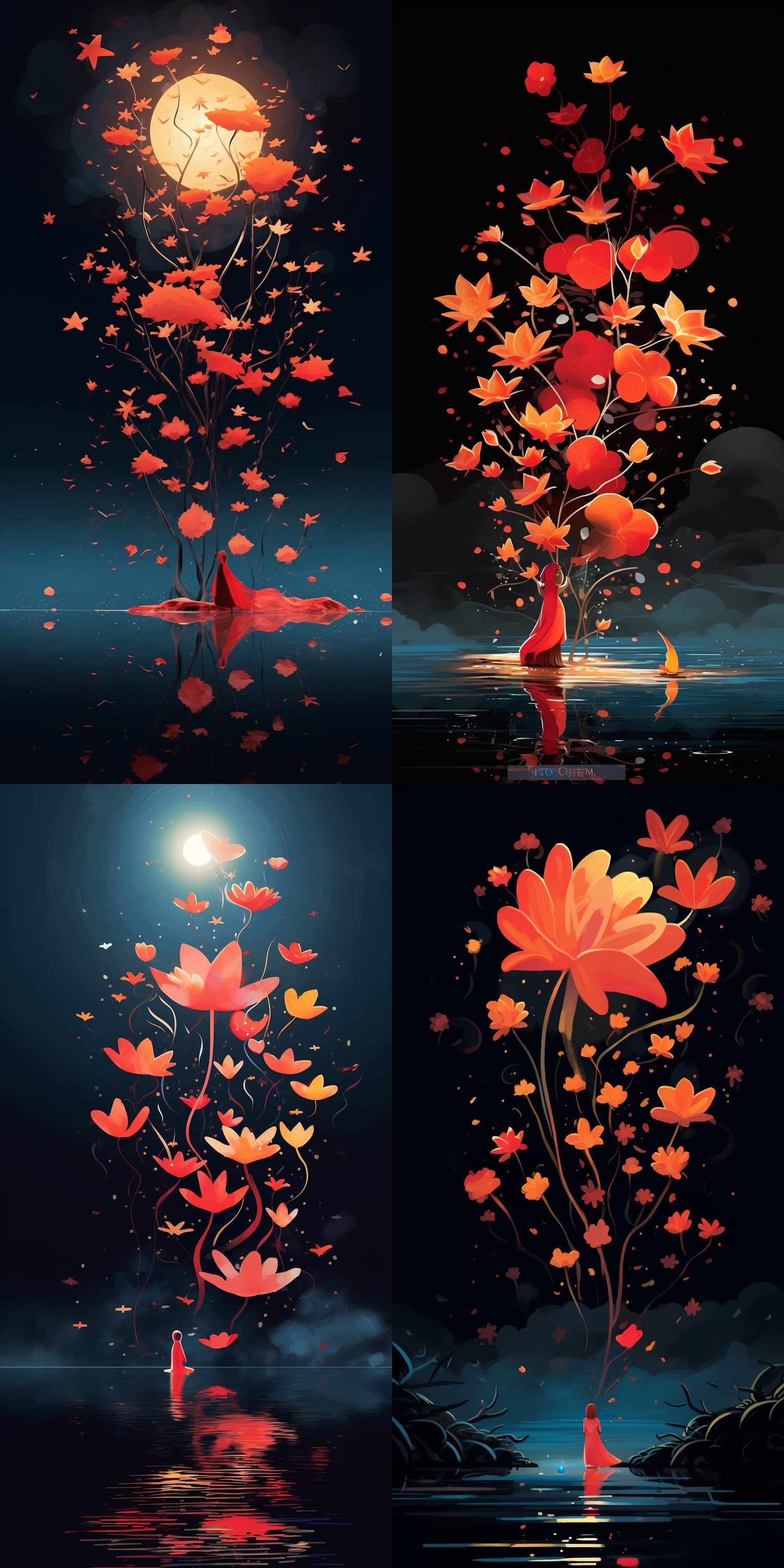 荷叶浮水面，露珠滴落，落日云隙光，椭圆镜映照，小花茎挂红月，插画风格，长焦镜头，高分辨率，柔和光线，静谧氛围，细腻纹理，鲜艳色彩。