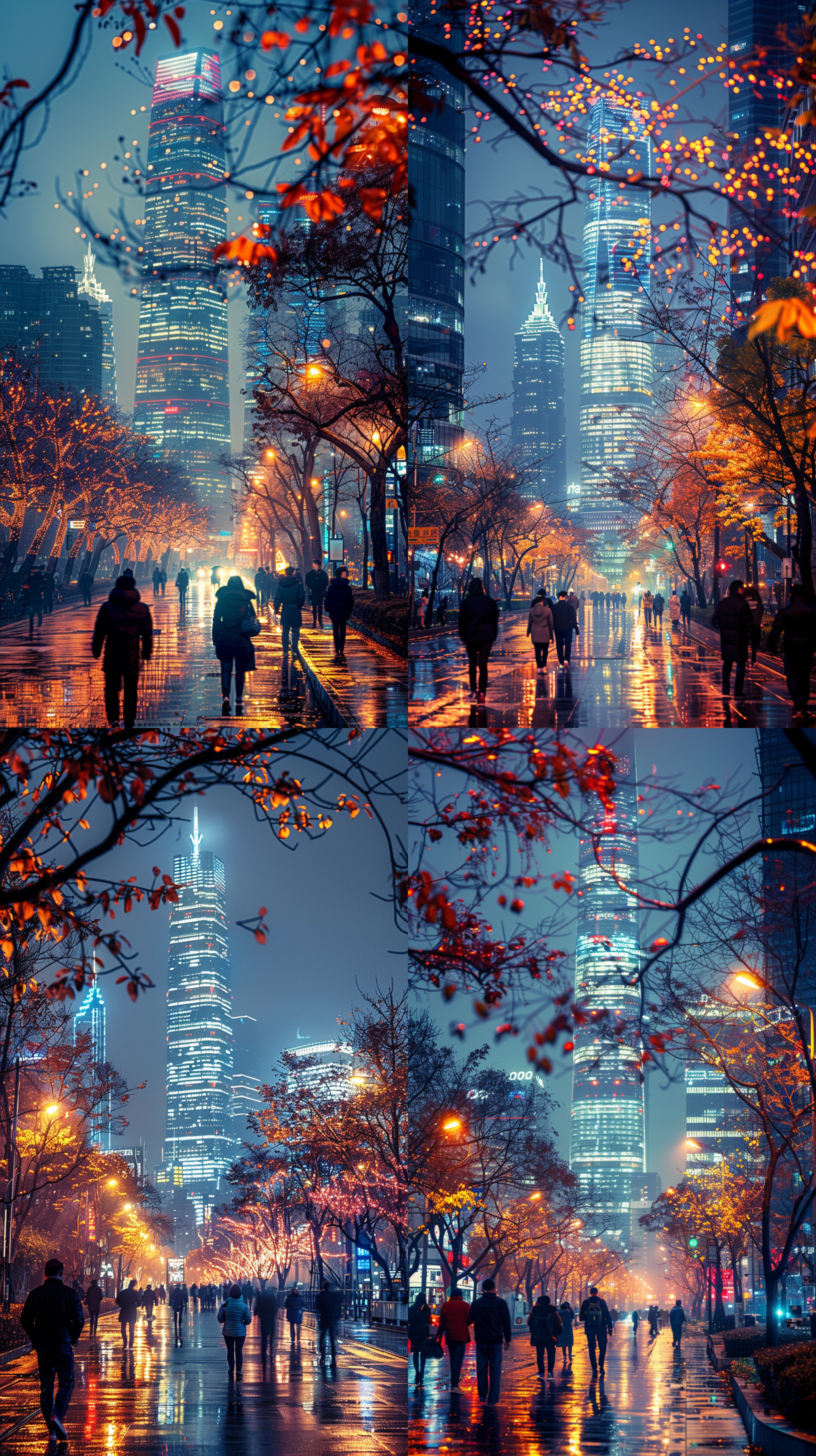 上海夜景，华丽灯光，胶片质感，细腻画面，街道行人，光影交错，超级画质hd16k，长曝光，低角度，暖色调，广角镜头，夜景模式，繁华，动感。