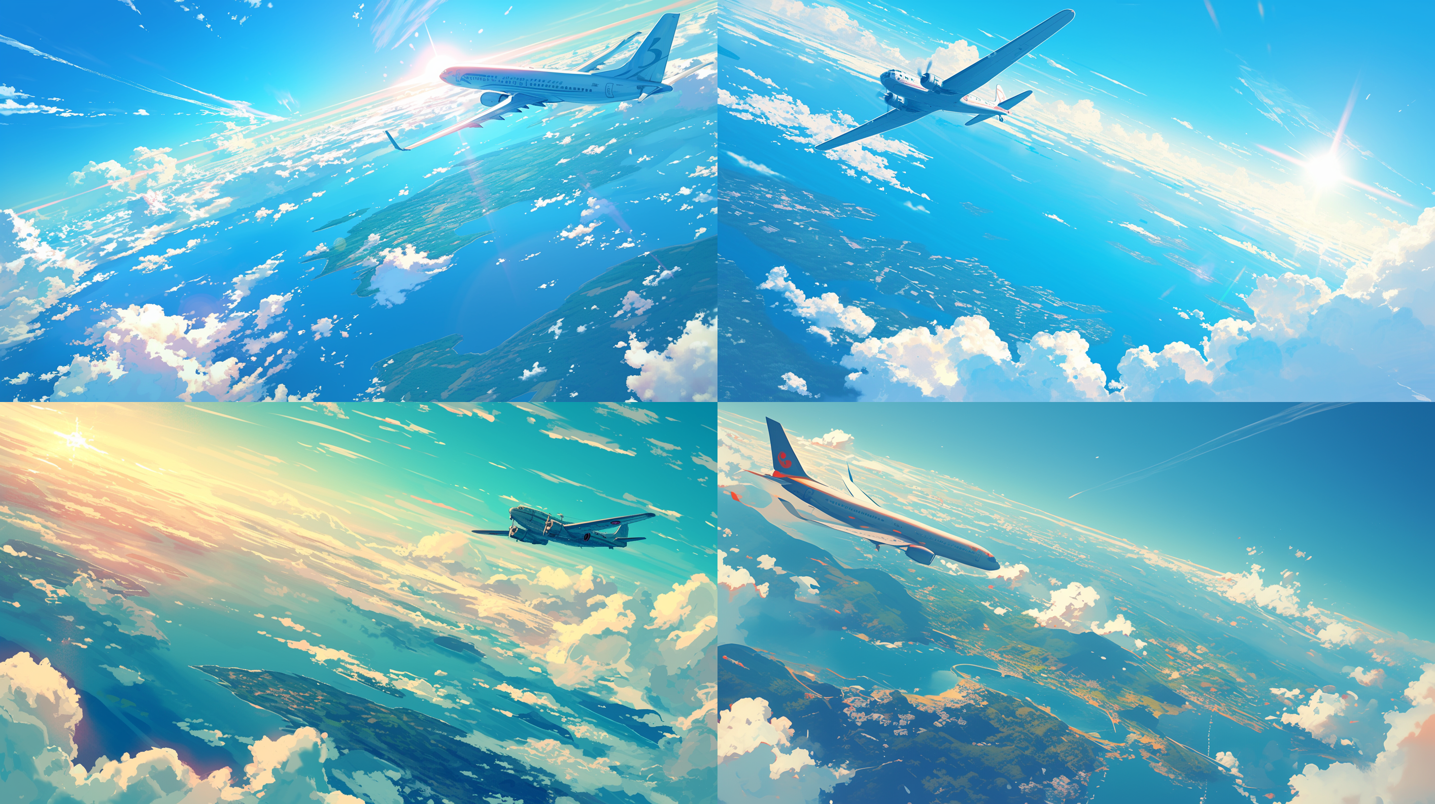 吉卜力风格，远景，广角，鲜艳，16:9，俯视视角，阳光灿烂，高空，飞行中的客机，倾斜角度，云层上飞行，云层下大地与海洋，镜头光晕，高饱和色彩，柔和光线，动态模糊，宁静，自由。