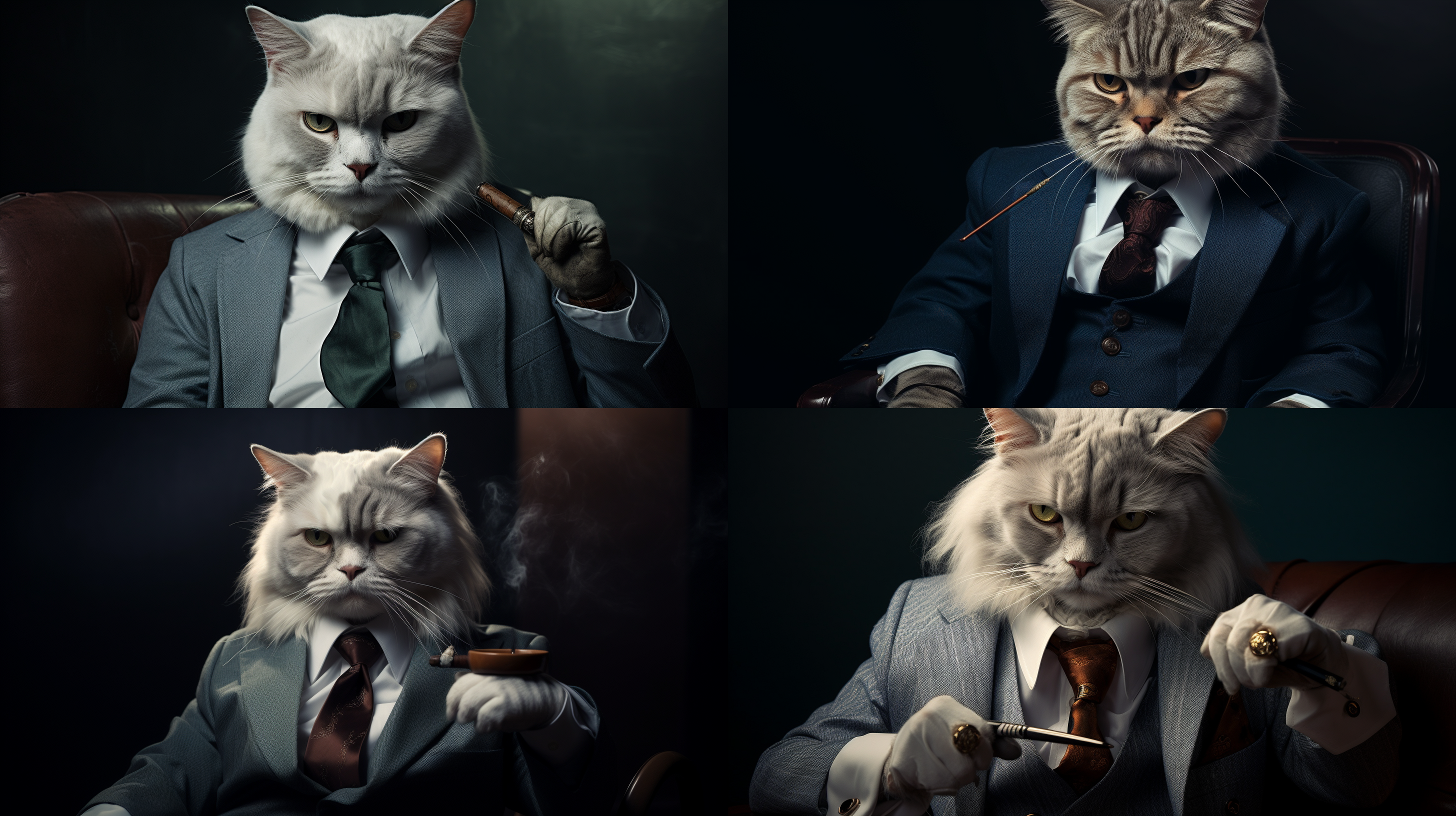 一只穿着西装的猫，特写，暗黑环境，手持烟斗，老板气质，目光坚定，阴沉睿智，明亮，三维，异色瞳，异色瞳，vogue时尚，爱马仕，高光，侧光，深色调，锐利焦点，时尚摄影，自信表情。