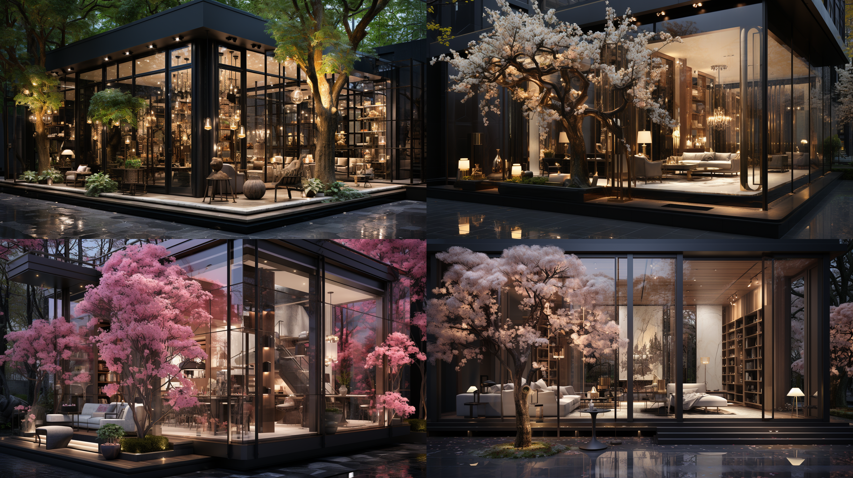 鲜花店外立面，黑色玻璃边框，现代简约风格，夜景，中性色调，时尚女性化，2.8米高4.6米宽，中央双玻璃门，橱窗展示，柔和背光，细节清晰，氛围优雅。