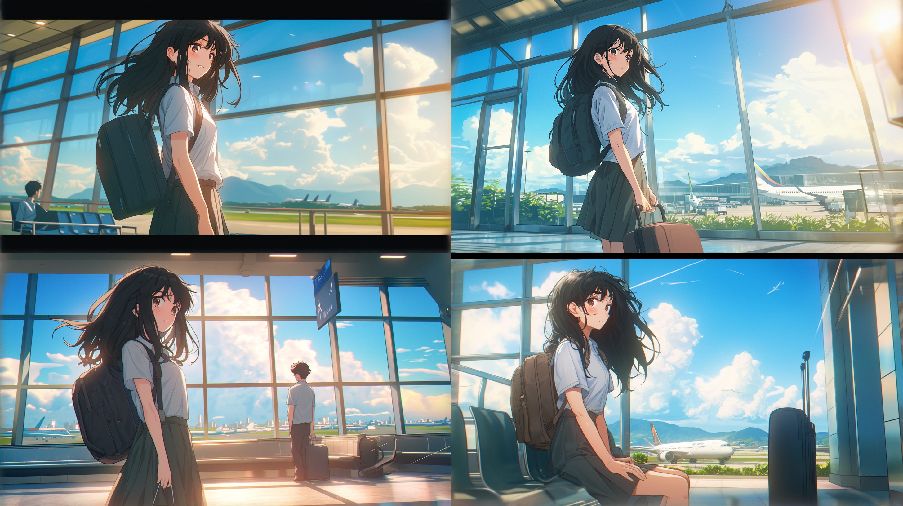 吉卜力风格，远景，广角，鲜艳，16:9，仰视视角，阳光灿烂，机场，女生，休闲连衣裙，短裙，独自，窗边，面朝窗外，看飞机，行李箱，期待表情，柔和侧光，温暖色调，细腻纹理。