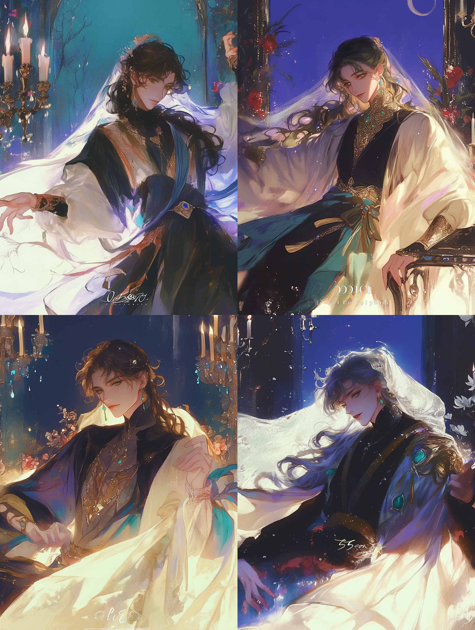 俊美青年，蓬松长发，绿色眼眸，彩宝首饰，透明头纱，彩色外衫，透明油画感，银色月光，宴会背景，雪天，华灯初上，翩翩起舞