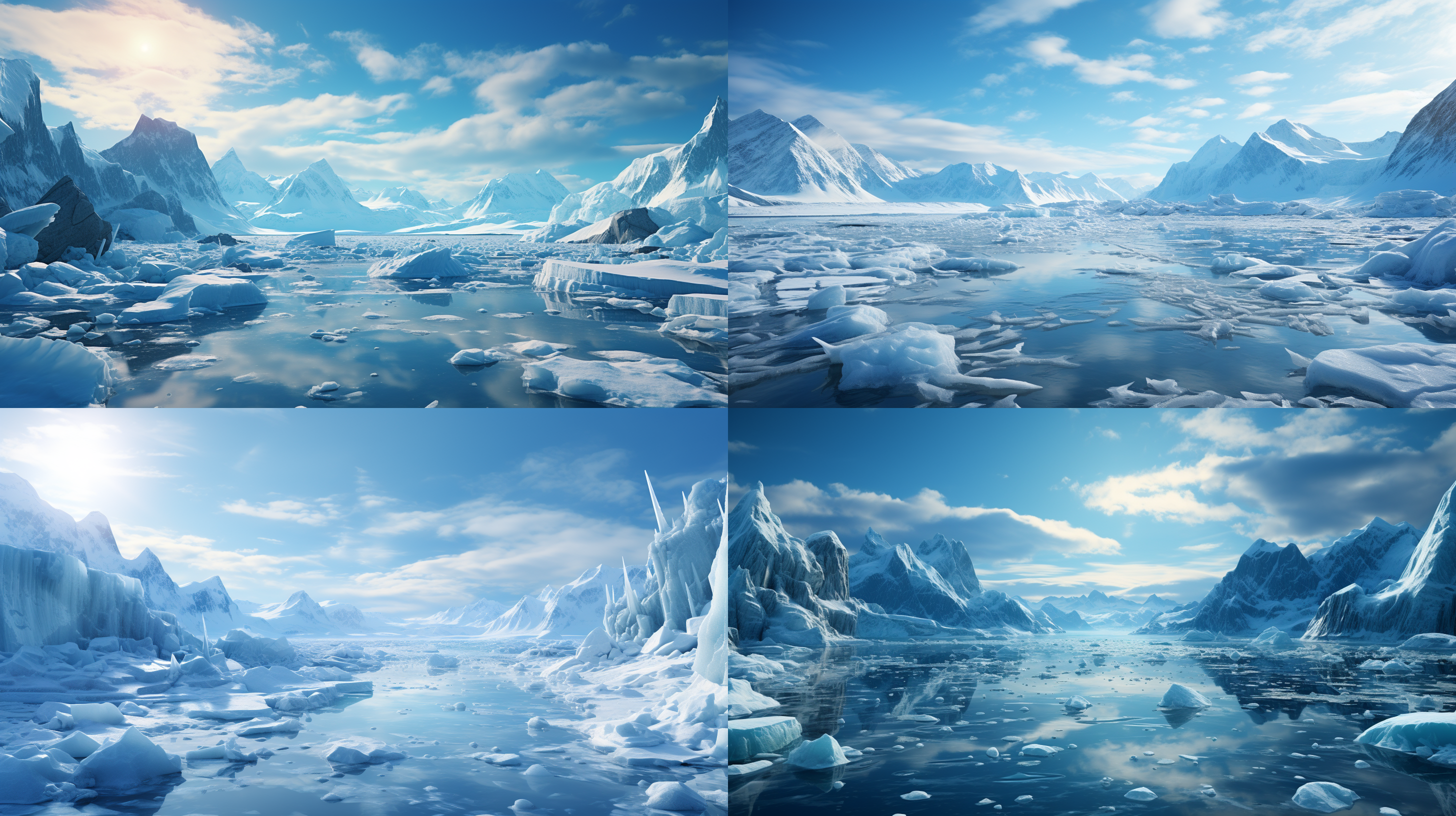 冰河世界，广角镜头，壮丽冰川，冷色调，低角度拍摄，逆光，长曝光，流动冰川，孤独感，极地风光，震撼人心。