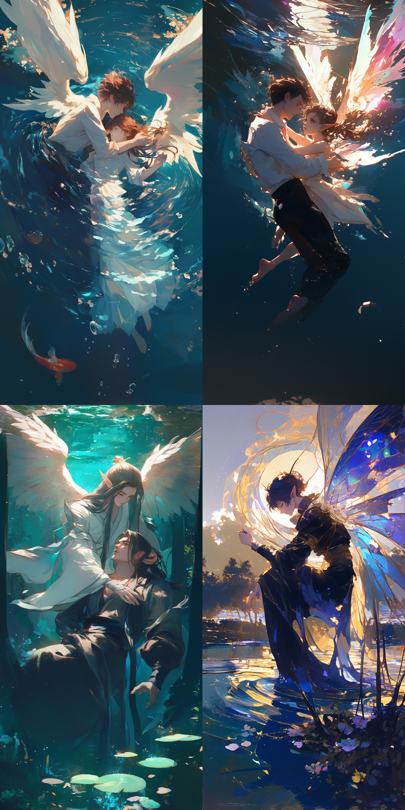 年轻男子坠水，仙子救起，流光翅膀，仙侠风，冷暖对比，梦幻场景，远景，水面反射，柔和光线，动态捕捉，神秘，希望。