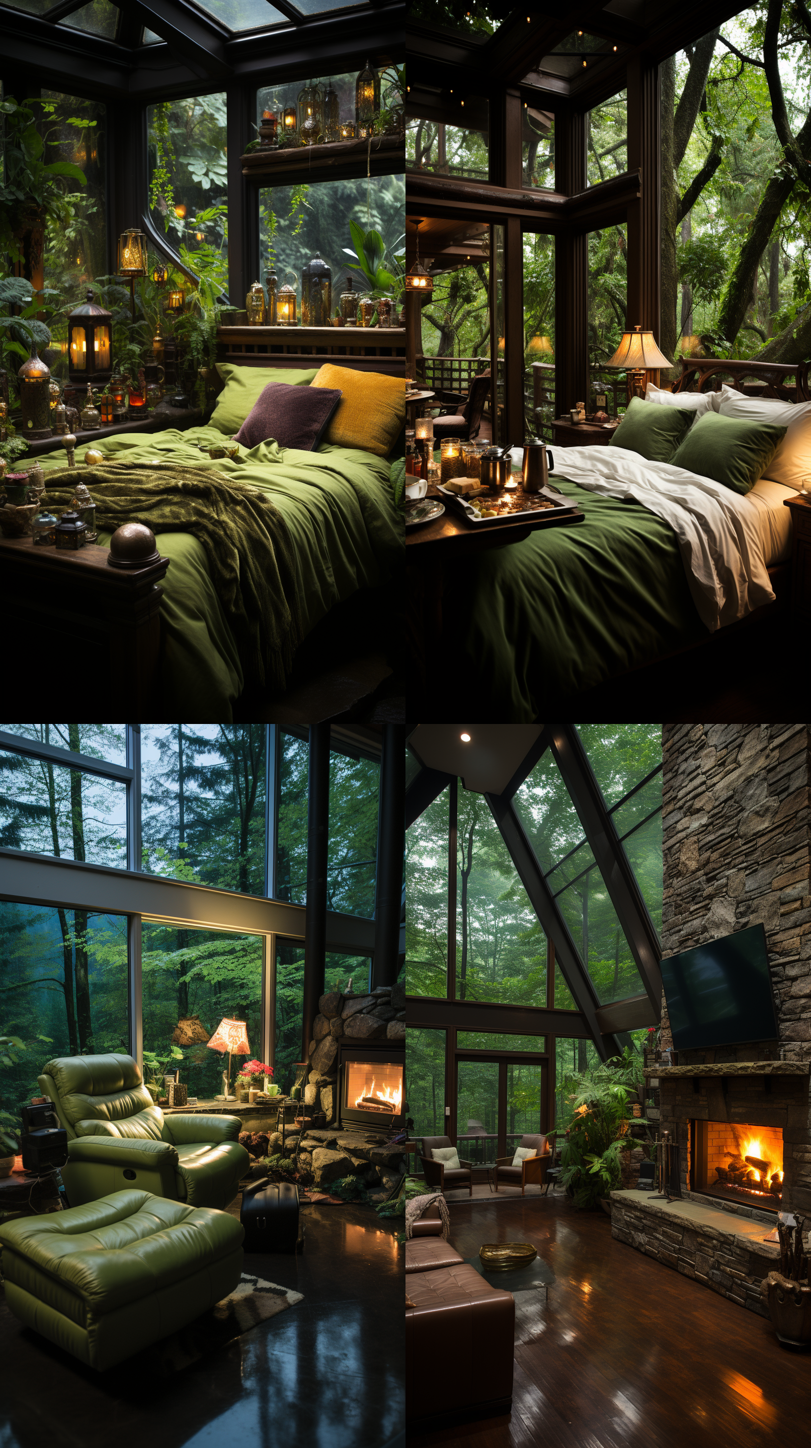 木屋内景，壁炉旁，电视绿幕前，床上，热茶，大窗户，窗外雨林，暖色调，室内光线柔和，长焦镜头，静谧，舒适，细节丰富，自然光。