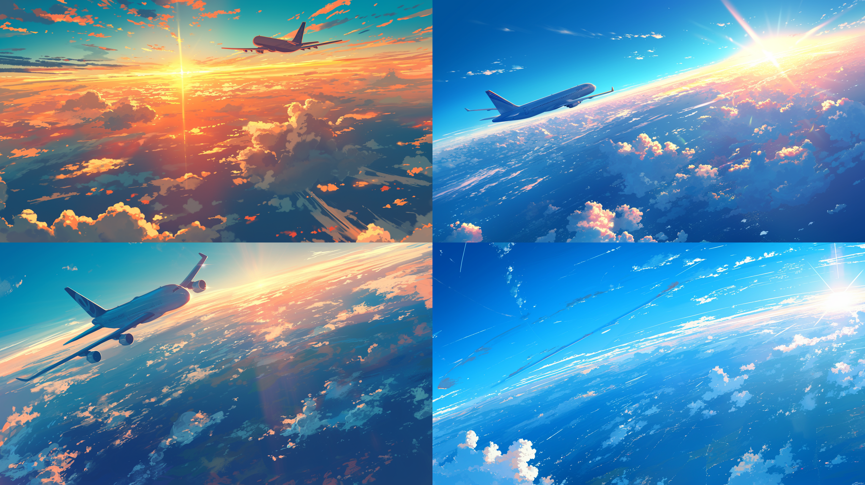 吉卜力风格，远景，广角，鲜艳，高饱和度，16:9，俯视视角，阳光灿烂，高空，倾斜角度，客机飞行，云层上，大地海洋，日出，镜头光晕，柔和光线，动态捕捉，梦幻色彩。