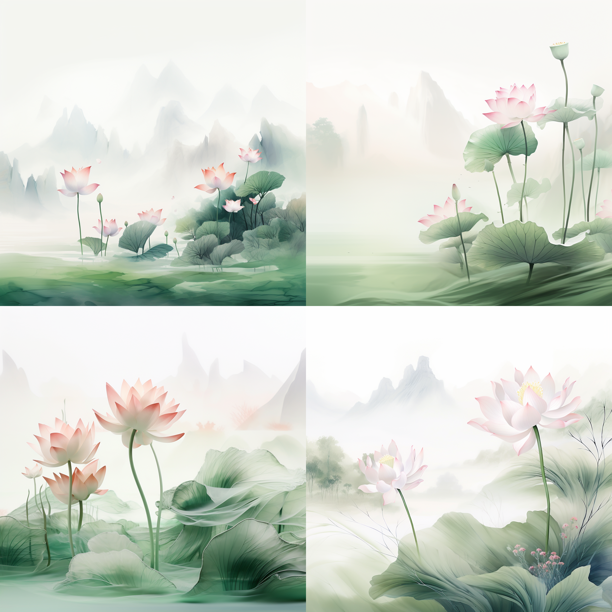 极简主义，大白空间，山形，张大千风格，现代艺术图形插图，透视美学，浅绿色和粉红色，柔和渐变色，中国古代极简主义绘画，莲花，透明模型，半透明，宏观变焦，面纱材料荷叶，白色背景，艺术概念墨水，景深，高清，高分辨率，超高细节。