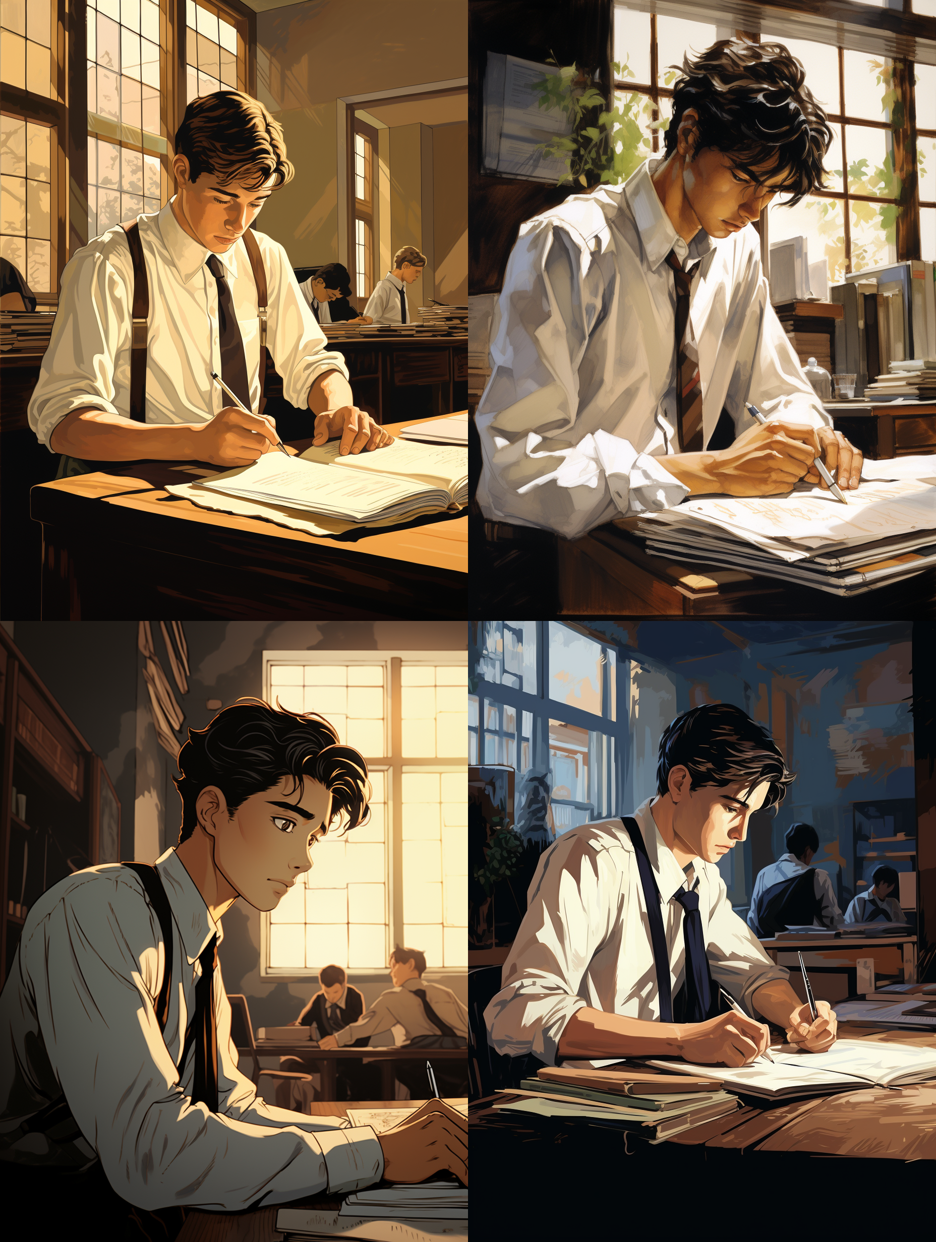 学生奋笔疾书，课桌前，白色校服，高考考场背景，手绘风格，海报设计，金榜题名主题，细腻线条，淡雅色彩，专注表情，紧张氛围，光影对比，细节丰富。