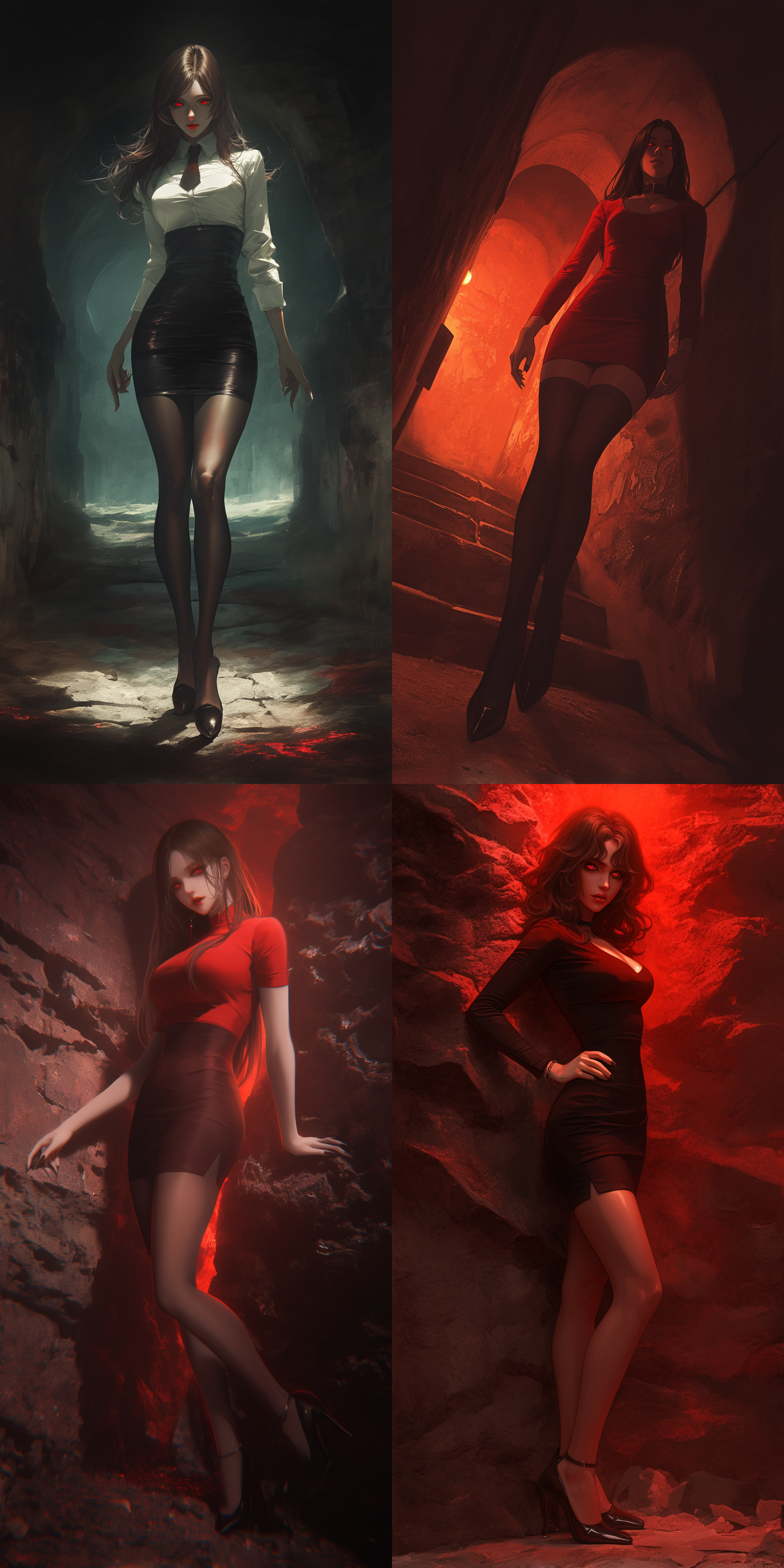 一位薄短裙美女，站姿，高跟鞋，全身图，五官精致，邪恶表情，眼中有邪恶的红光，阴暗场景，背景为黑暗神秘洞窟，压抑感，克苏鲁风格，低色彩饱和度，照片质感，昏暗光线，诡异氛围，注重细节