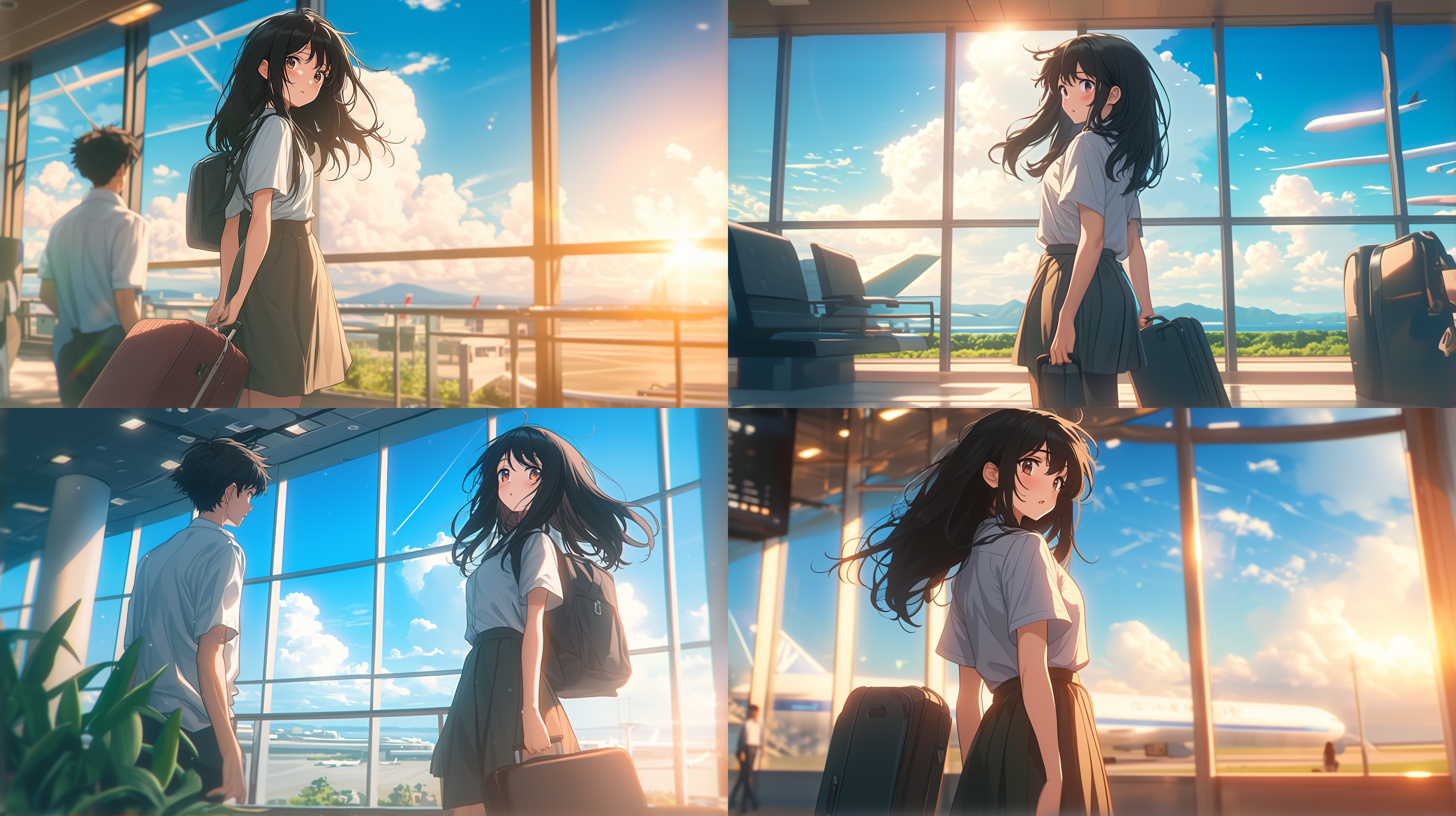 吉卜力风格，远景，广角，鲜艳，16:9，仰视视角，阳光灿烂，机场，女生，休闲连衣裙，短裙，独自，窗边，面相玻璃窗，看飞机，行李箱，期待表情，自然光，柔和阴影，宽景深，静态。
