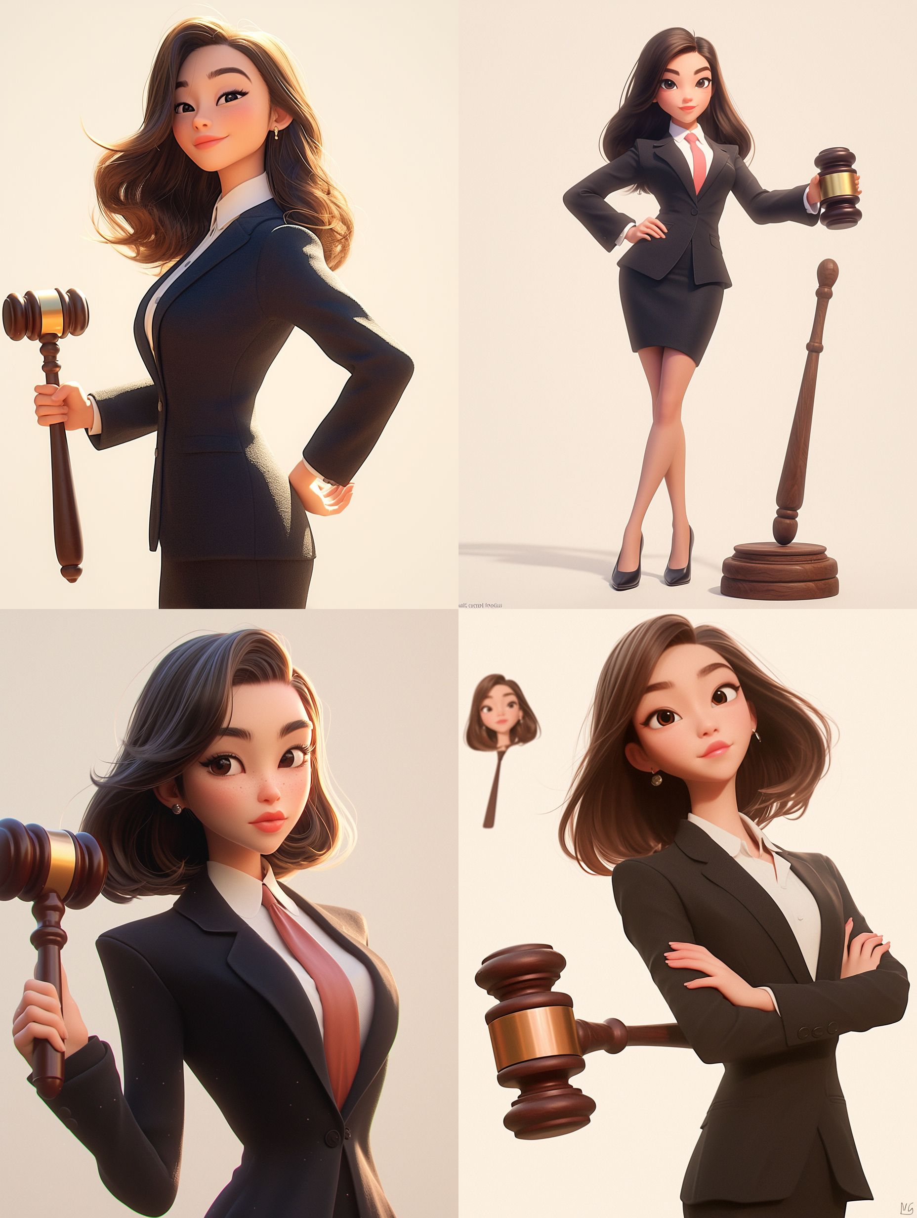 3d卡通风格，亚洲年轻女性，黑色律师套装，白色衬衫红领带，手持棕色木槌，浅色背景，明亮工作室灯光，柔和阴影，迪士尼皮克斯动画风格，圆脸，3d渲染，正面光，高光细节，卡通化表情，动态姿势。
