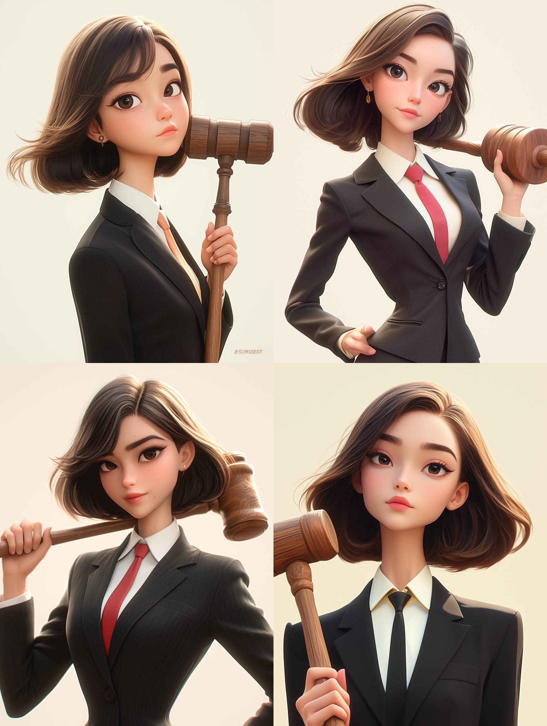 3d smooth caricature styled ,a young woman in asia, short, clean-cut hair,wearing a black legal suit, a white shirt and a red tie, holds a brown mallet in her hand,no jewelry,the background is a light color with bright studio lighting and soft shadows , in the style of disney pixar cartoons, round face , 3d rendering