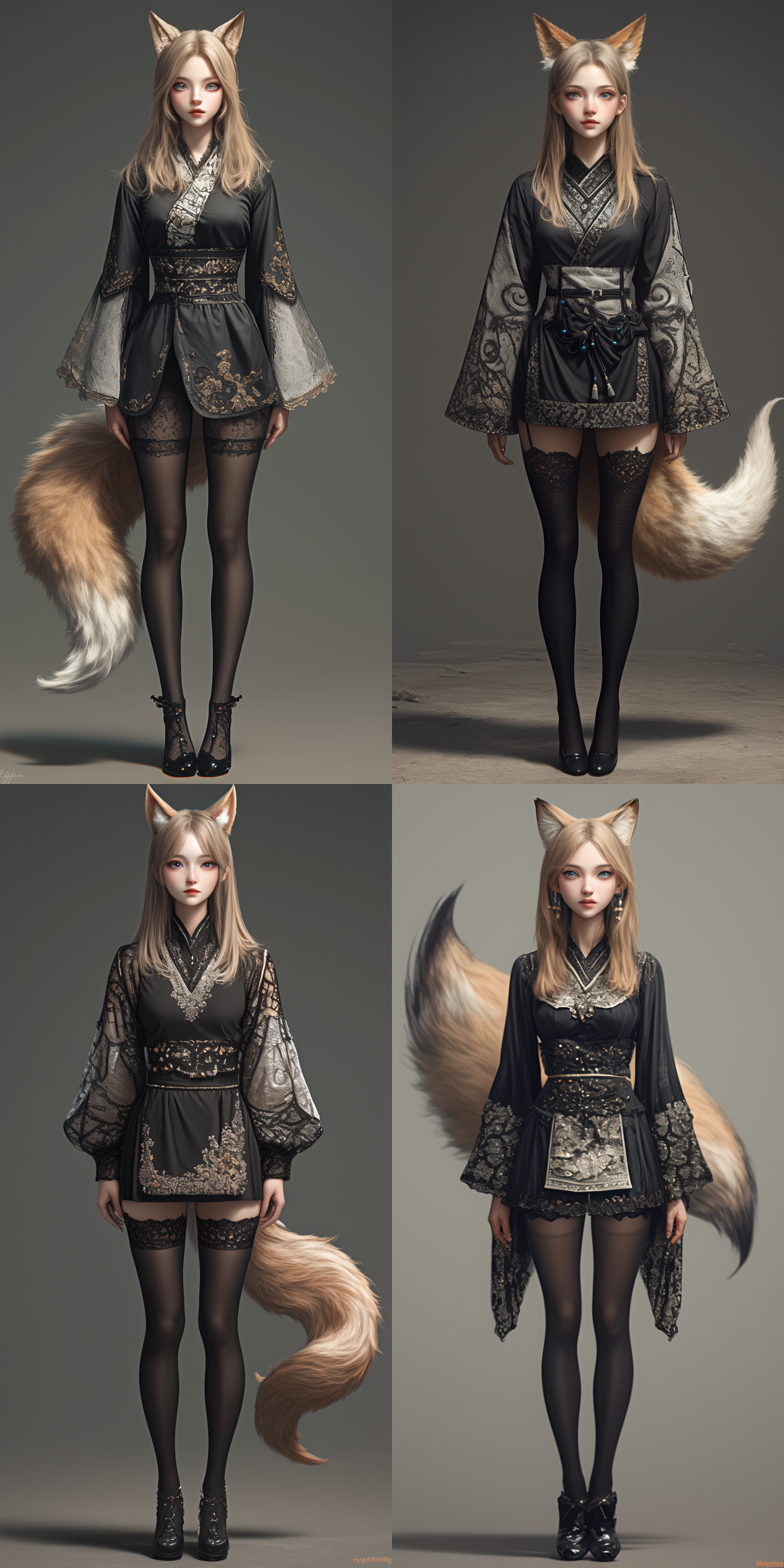 women，狐狸耳朵，蕾丝，黑色长裙，白色围裙，狐狸尾巴，黑色丝袜，真实比例，欧美风格，立姿，全身，书房背景 虚幻引擎 三维 oc渲染器