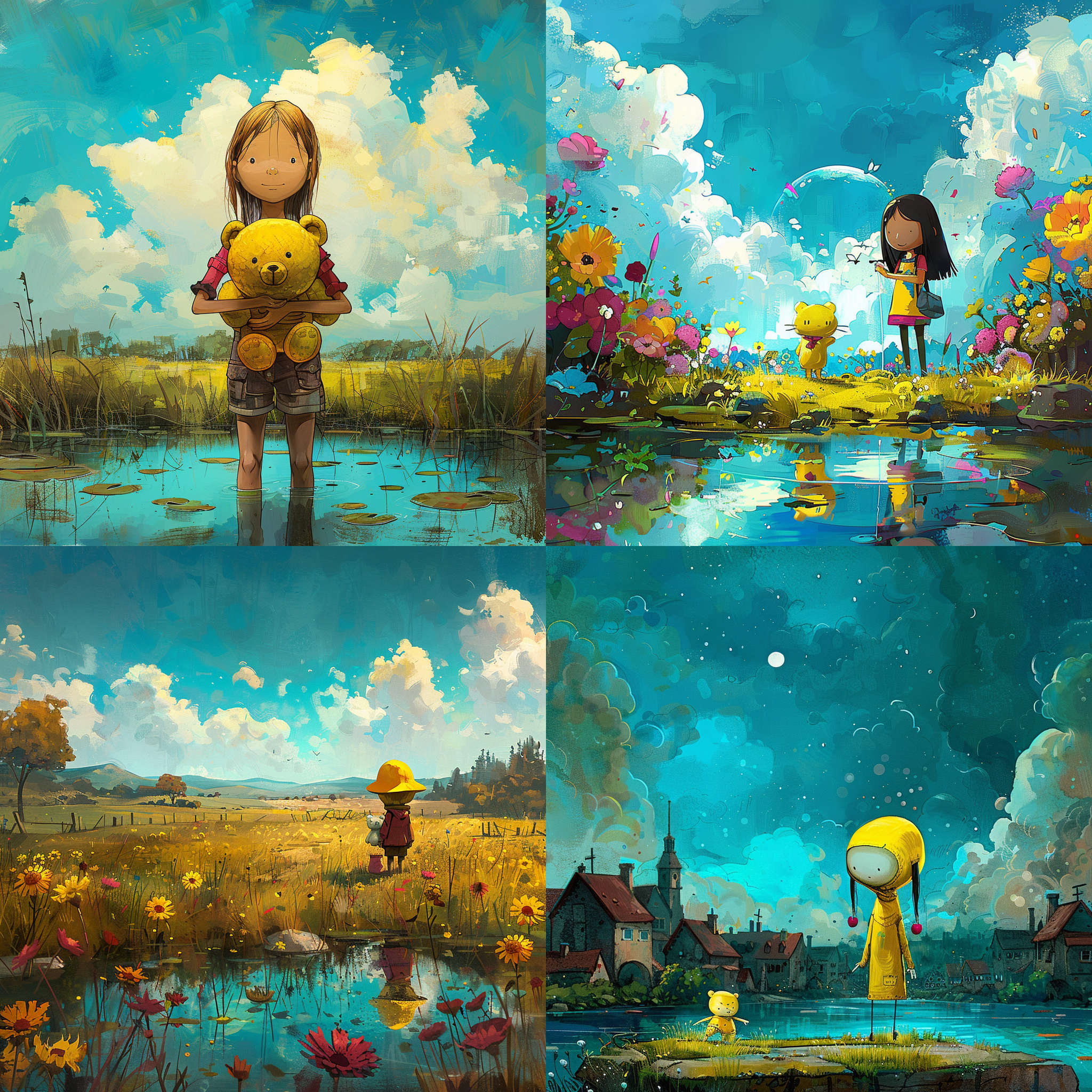 蓝天下一片草地，草地上有一个泳池，一个小女孩站在岸上，手里抱着小熊玩偶