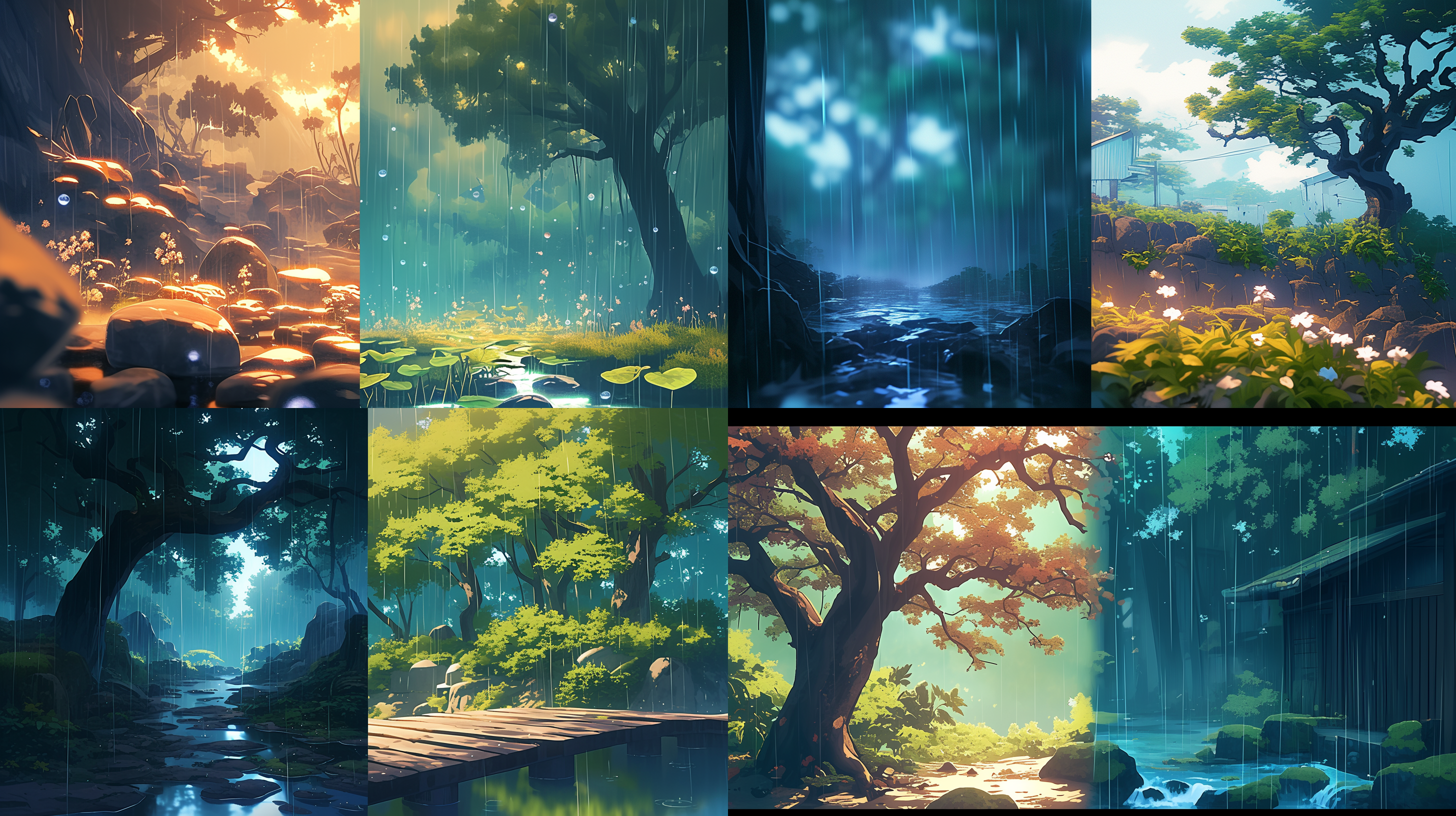 两张图对比，一张下雨一张晴天，对称布局，自然风光，冷暖色调对比，长焦镜头，柔和光线，慢快门，雨滴清晰，平静与活力并存。