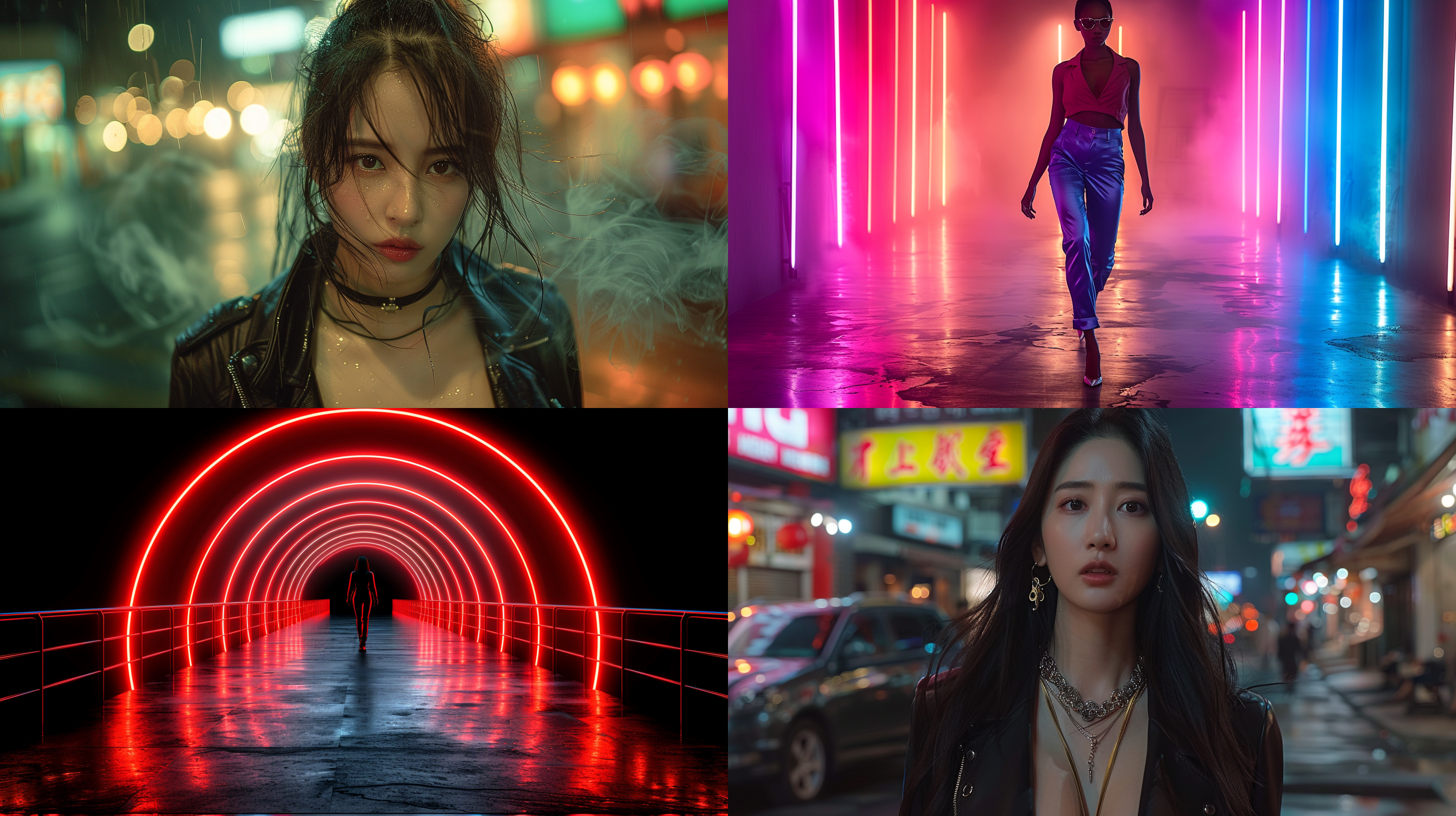 中国女孩在时装秀场，赛博朋克风格，霓虹灯夜晚背景，t台中央，长曝光，冷暖色调对比，超广角镜头，正面光，自信步伐，未来感，科技感。