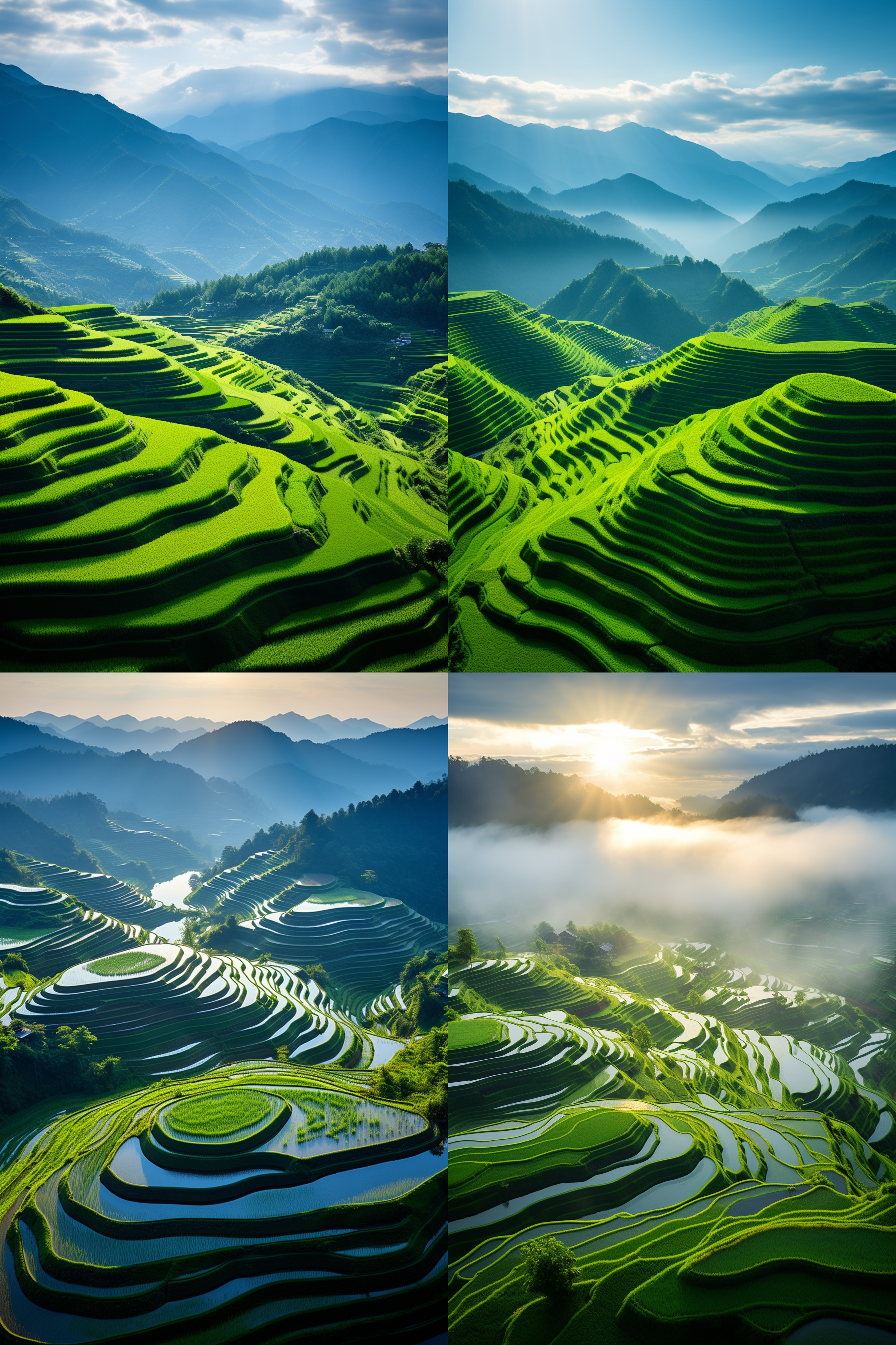 中国梯田鸟瞰，广角镜头，柔和光线，蓝天白云为背景，曲线优美，绿色层次分明，和谐宁静，自然风光，低角度拍摄，清晨阳光，全景构图。