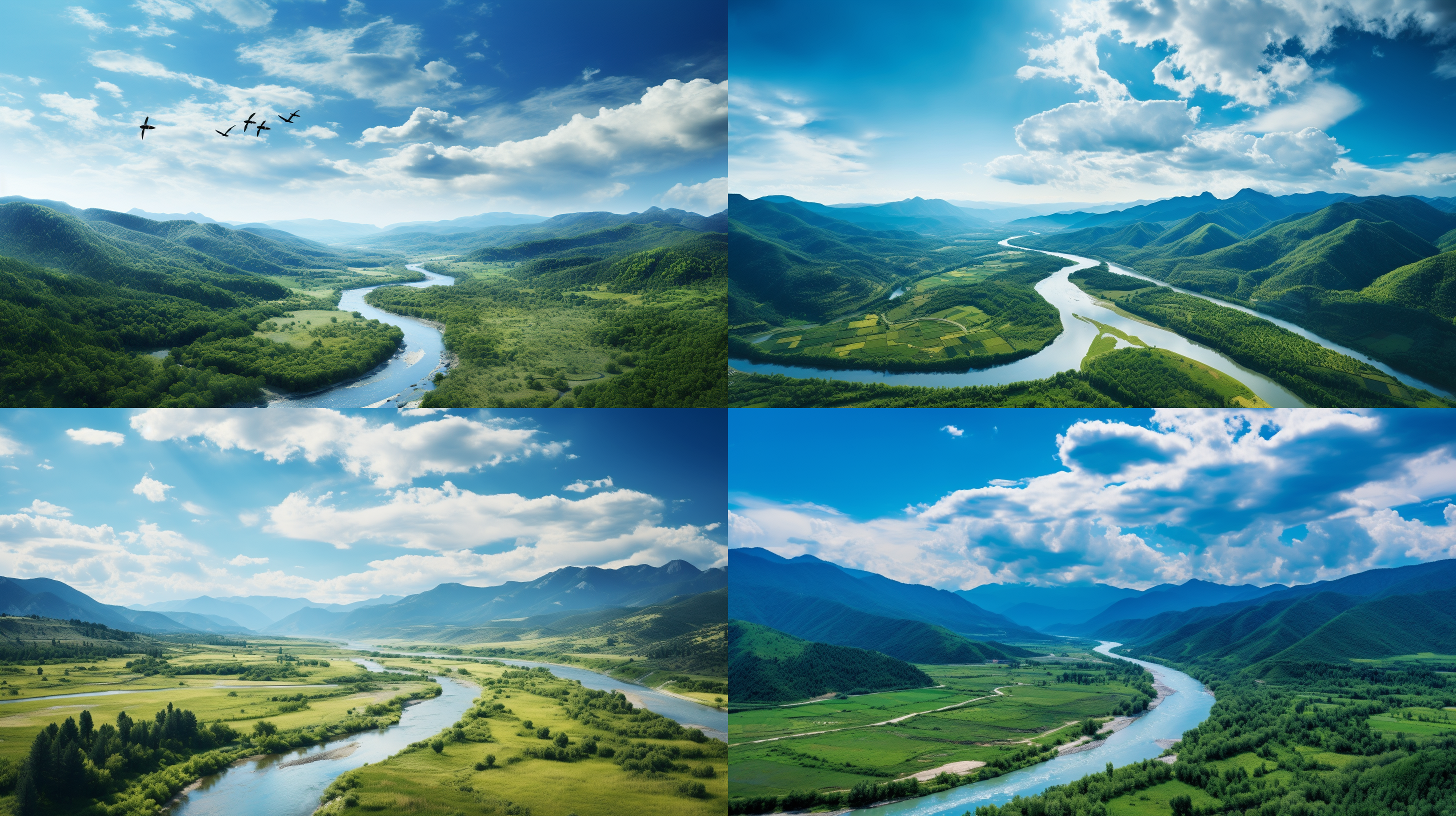 蓝天白云壁纸，河流蜿蜒，山脉连绵，树木葱郁，鸟群飞翔，电影感鸟瞰大全景，hdr效果，自然风光，长焦镜头，远景，柔和光线，和谐色彩，宁静。