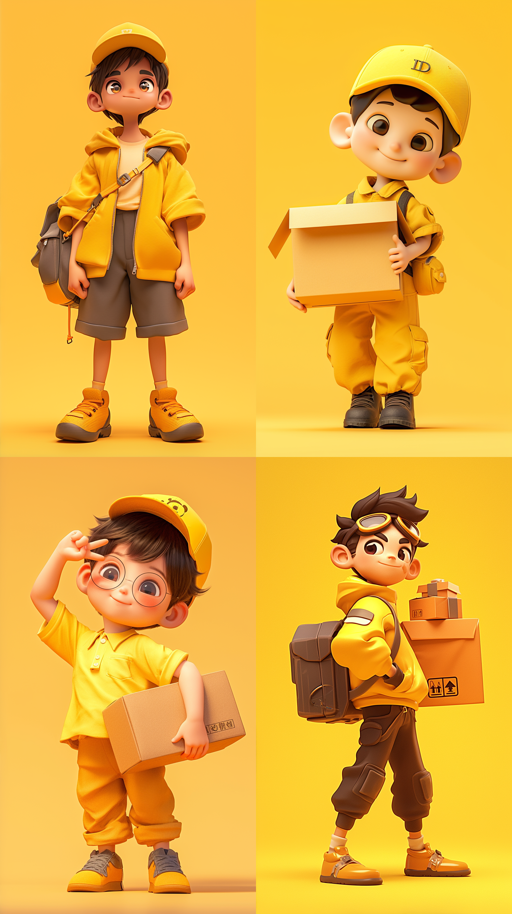 黑色头发，黄色衣服，可爱的男孩，送货员现象，黄色背景前，详细的角色设计，全身可见，卡通ip风格，动感十足。配色柔和，采用3d建模软件c4d制作，使用超高品质ultra hd 8k分辨率，水果元素, 卡通ip风格, 科技感, 水果蔬菜装饰, 水果武器, 视图, 3d建模, c4d, ultra hd 8k, 皮克斯动画.