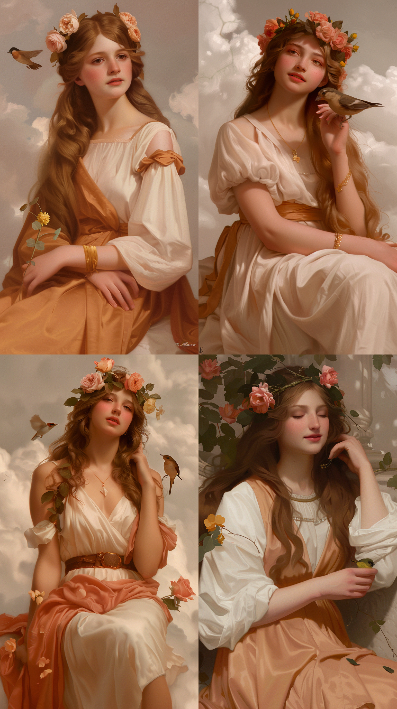 长发女孩逆光坐云层，头戴玫瑰花冠，手捧黄绿小芽，半透明质感，互动小鸟，柔和侧光，自然环境，长焦镜头，低饱和度，梦幻氛围，轻盈动作。