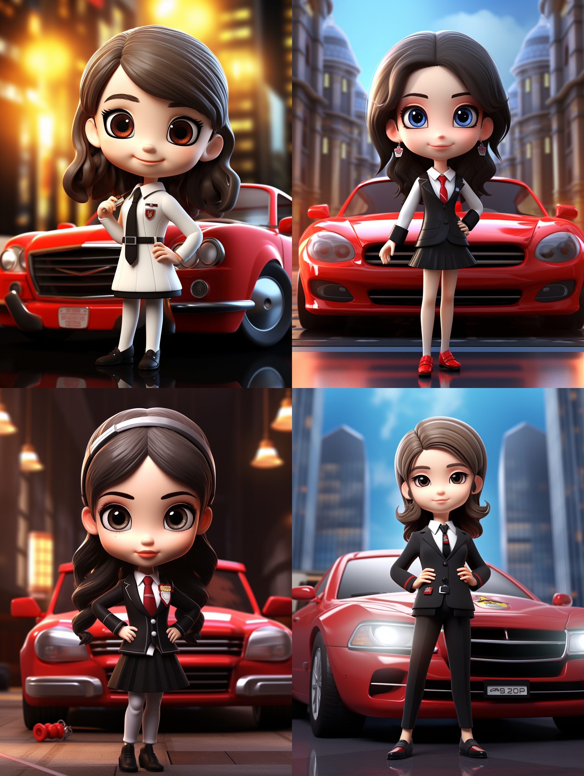 可爱的法官女孩，黑色西服，白色衬衫，红色领带，红色法徽，大眼睛，警车与法院背景，梦幻活泼，超级可爱ip，高细节，超高质量，明亮色彩，模拟盲盒，迪士尼风格，精细光泽，3d渲染，oc渲染，最佳质量，8k，正面照明，面部拍摄。