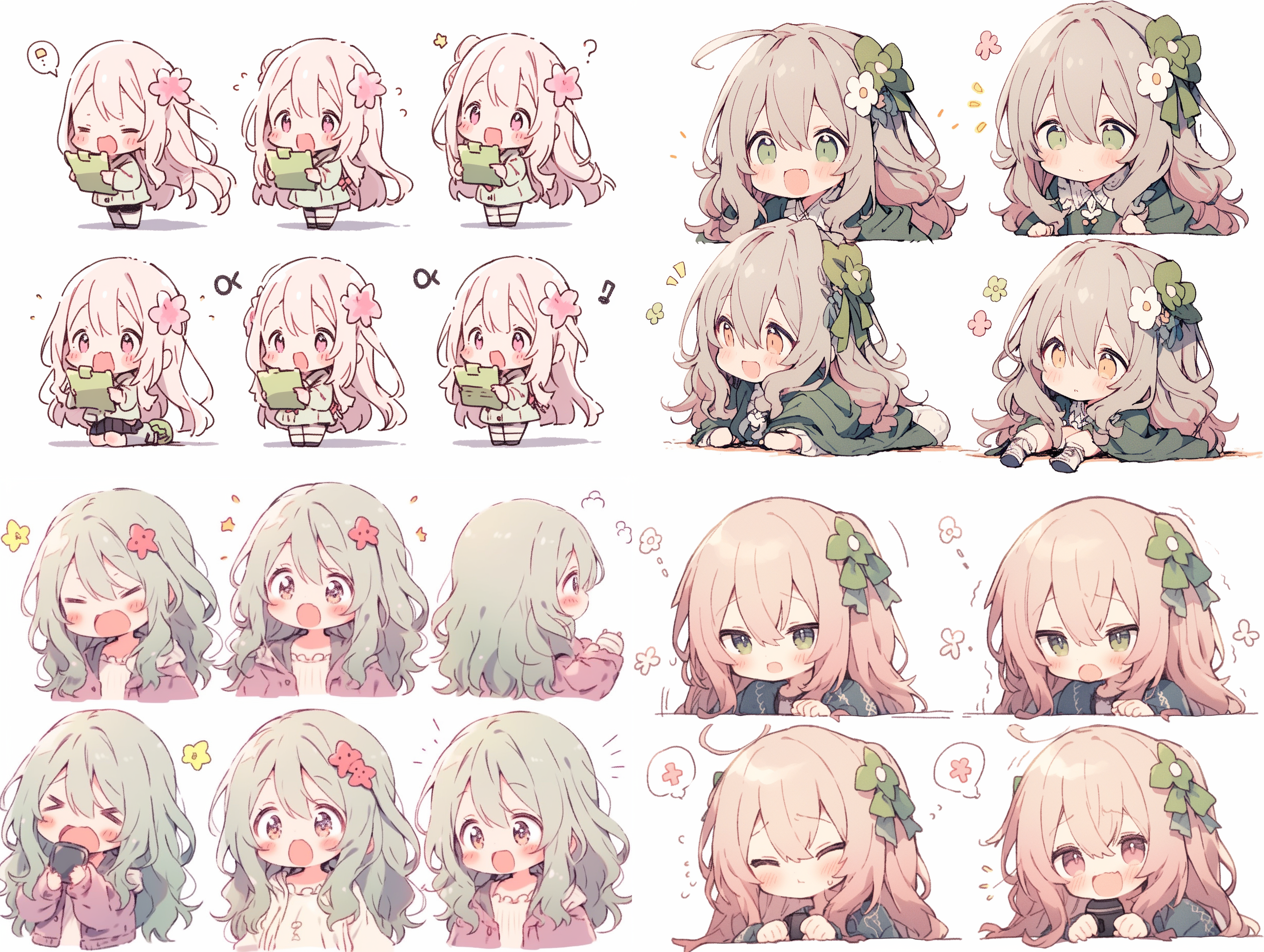 小女孩长发戴粉色花朵，绿裙，粗犷漫画线条，简约画风，动态姿势，白背景，f/64团体风格，表情快乐、撒娇，粉笔效果，可爱风格，展现个性，老笑话核心，–ar 3:4 –s 250 –niji 5 –s 400 –可爱风格，服装细节，–niji 5 –aspect 4:3 –fast –stylize 400。