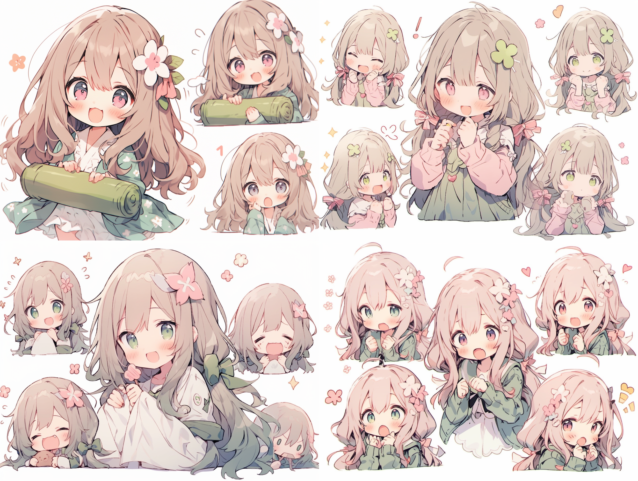 小女孩长发戴粉色花朵，绿裙，粗犷漫画线条，简约画风，动态姿势，白背景，f/64团体风格，表情快乐、撒娇，粉笔效果，可爱风格，展现个性，老笑话核心，–ar 3:4 –s 250 –niji 5 –s 400 –可爱风格，服装细节，–niji 5 –aspect 4:3 –fast –stylize 400。