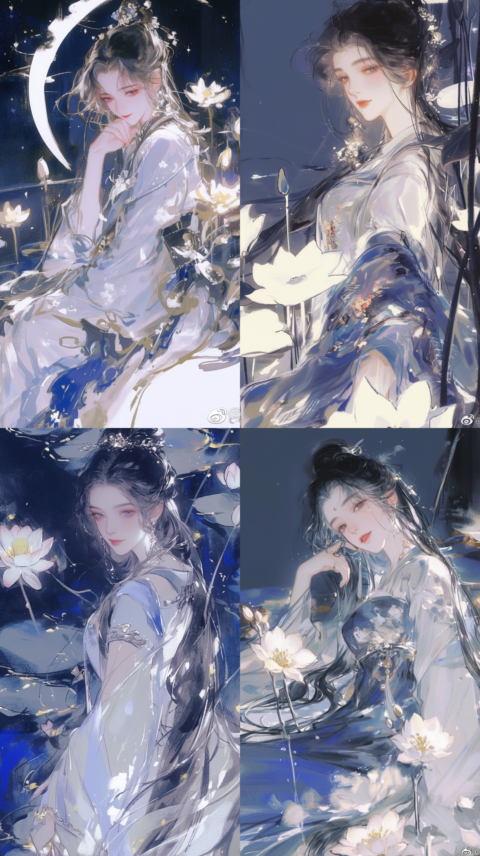 古代女子16岁，绿色衣服，昙花，微笑面对镜头，水墨画，长发披散，柔和光线，长曝光，传统绘画风格，温馨氛围，远景，全身照，自然光，慢快门，汉服细节，古典美，细腻表情，静谧环境。