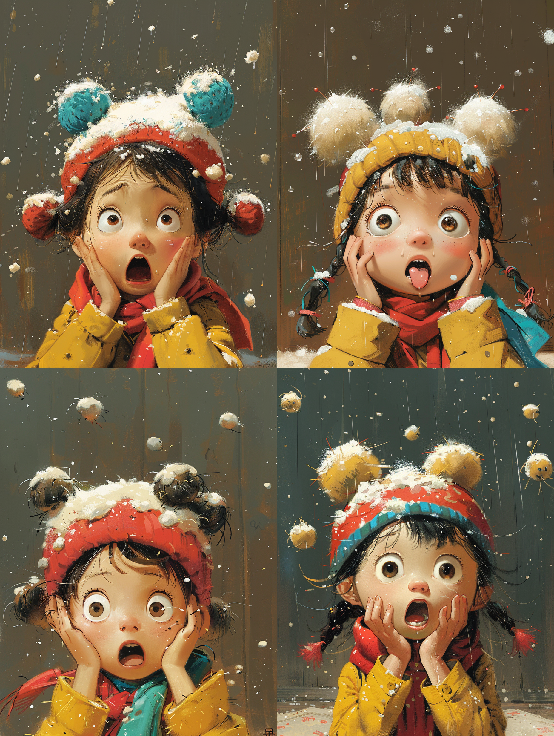 一个可爱的中国小女孩大大的眼睛，扎两个麻花辨子，五官很精致，表情有点无奈，吐着舌头，手在脸上，盘坐在地毯上。艺术家风格，图像风格，插画，照片，全身特写，全景，光线柔和，高清晰画质，8k，3d，ip卡通人物形象。