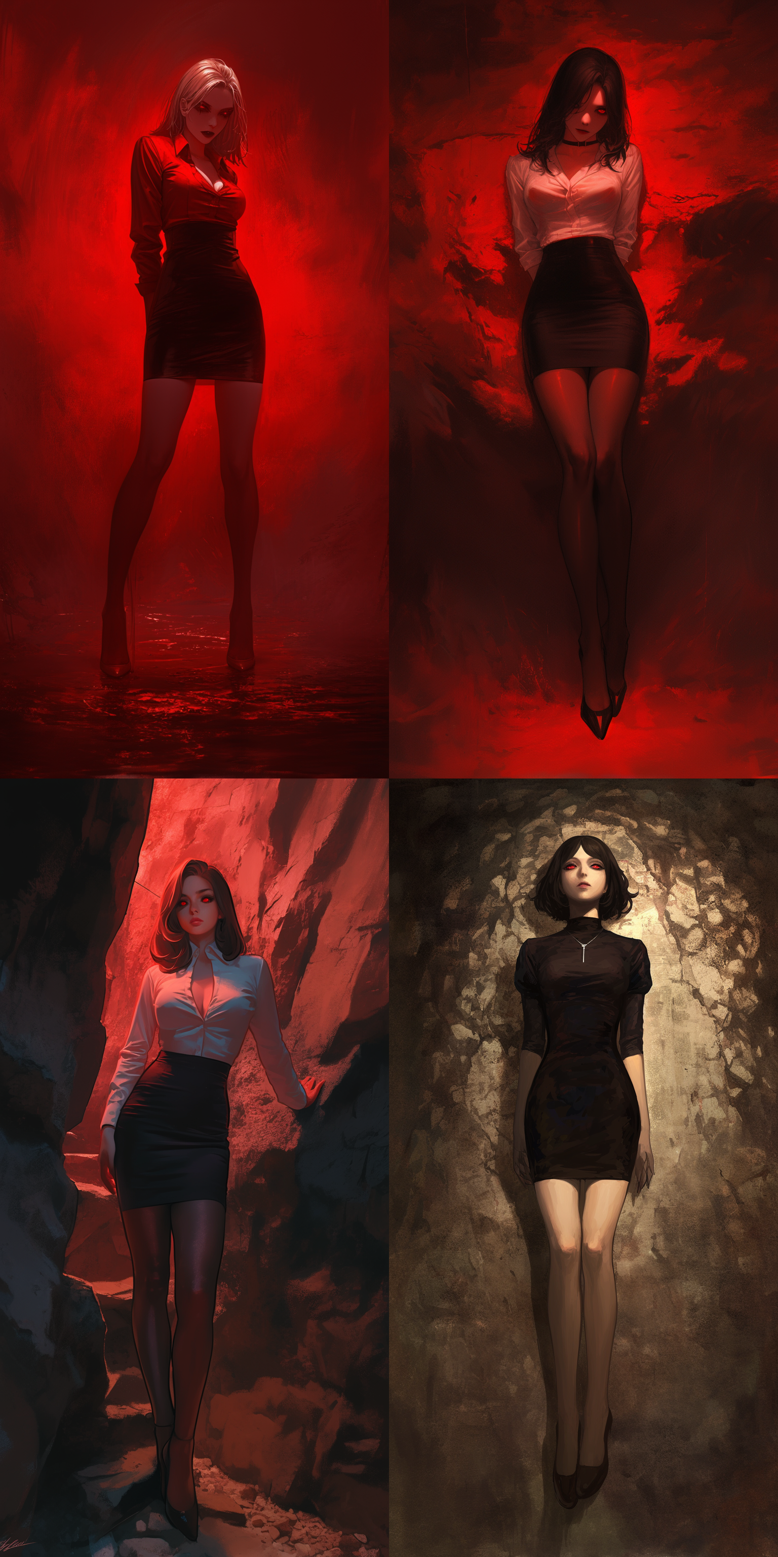 一位薄短裙美女，站姿，高跟鞋，全身图，五官精致，邪恶表情，眼中有邪恶的红光，阴暗场景，背景为黑暗神秘洞窟，压抑感，克苏鲁风格，低色彩饱和度，照片质感，昏暗光线，诡异氛围，注重细节