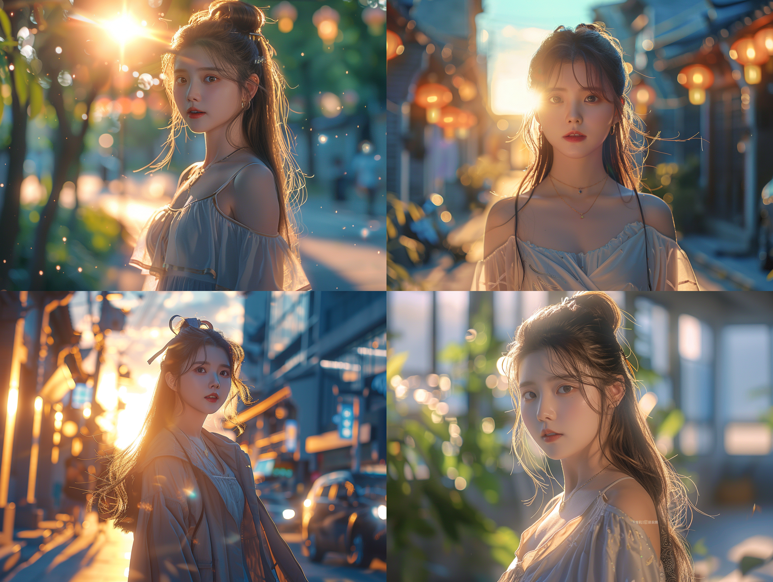 女生看向镜头，全身照，远景，广角，鲜艳，仰视视角，阳光灿烂。街道，休闲连衣裙，独自，期待表情，柔和侧光，温暖色调，梦幻氛围。