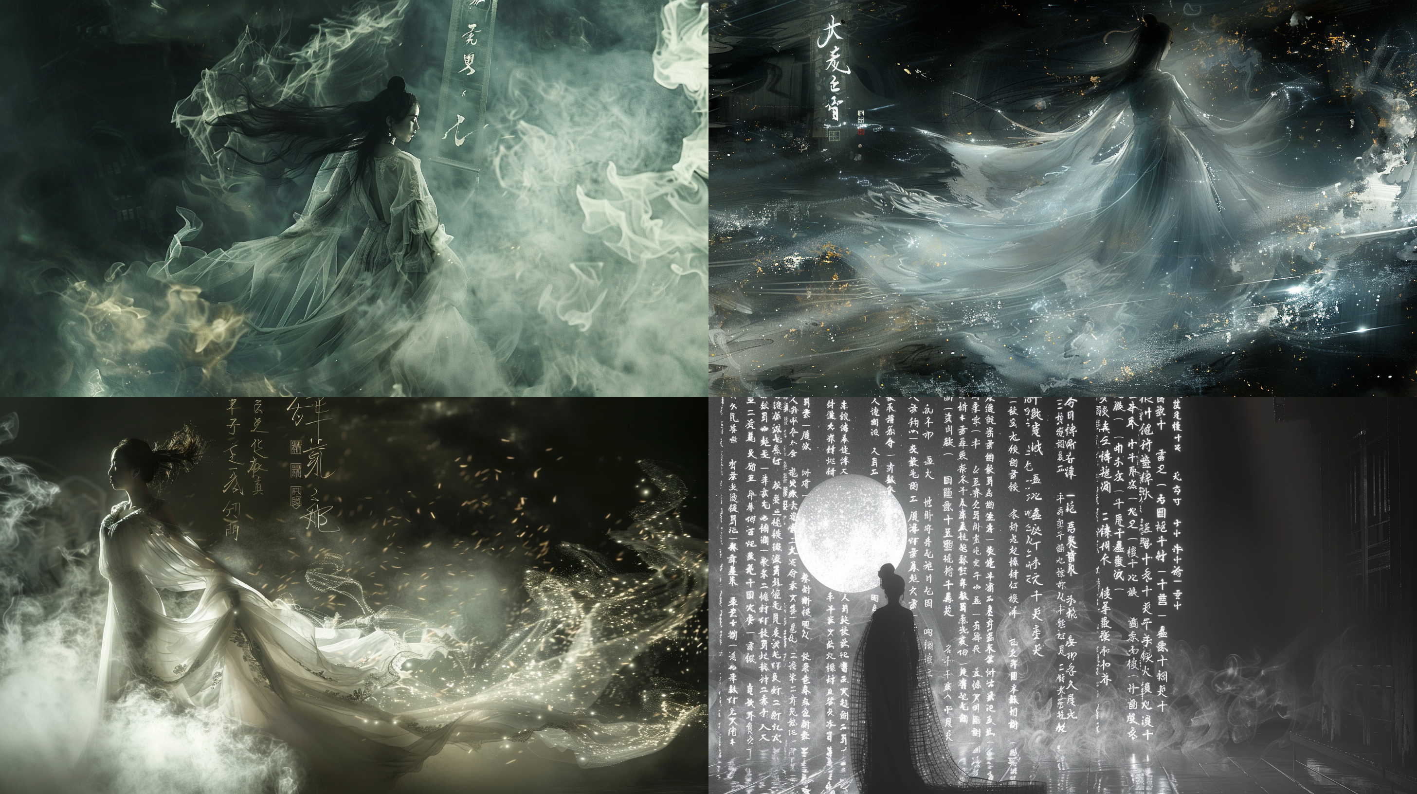 黑色虚幻空间，一幅发光的中国卷轴悬浮在空中，书法字符发着白光。一个国风美女，穿着月光纱裙。整体朦胧烟雾感，光影对比强烈。深银和浅金色调。