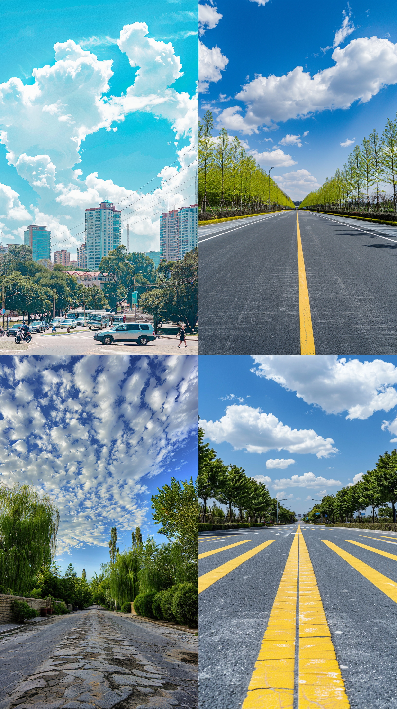 城市街头风景，白云，树木，长焦拍摄，超广角，特写，自然光，唯美风景，黄金比例构图，32k画质，高清大片摄影，优质艺术家创作，大片摄影效果，背景舒适氛围，神秘氛围渲染，电影质感捕捉，静谧梦幻场景，横板构图，专业修饰，细节完整，写实风格。