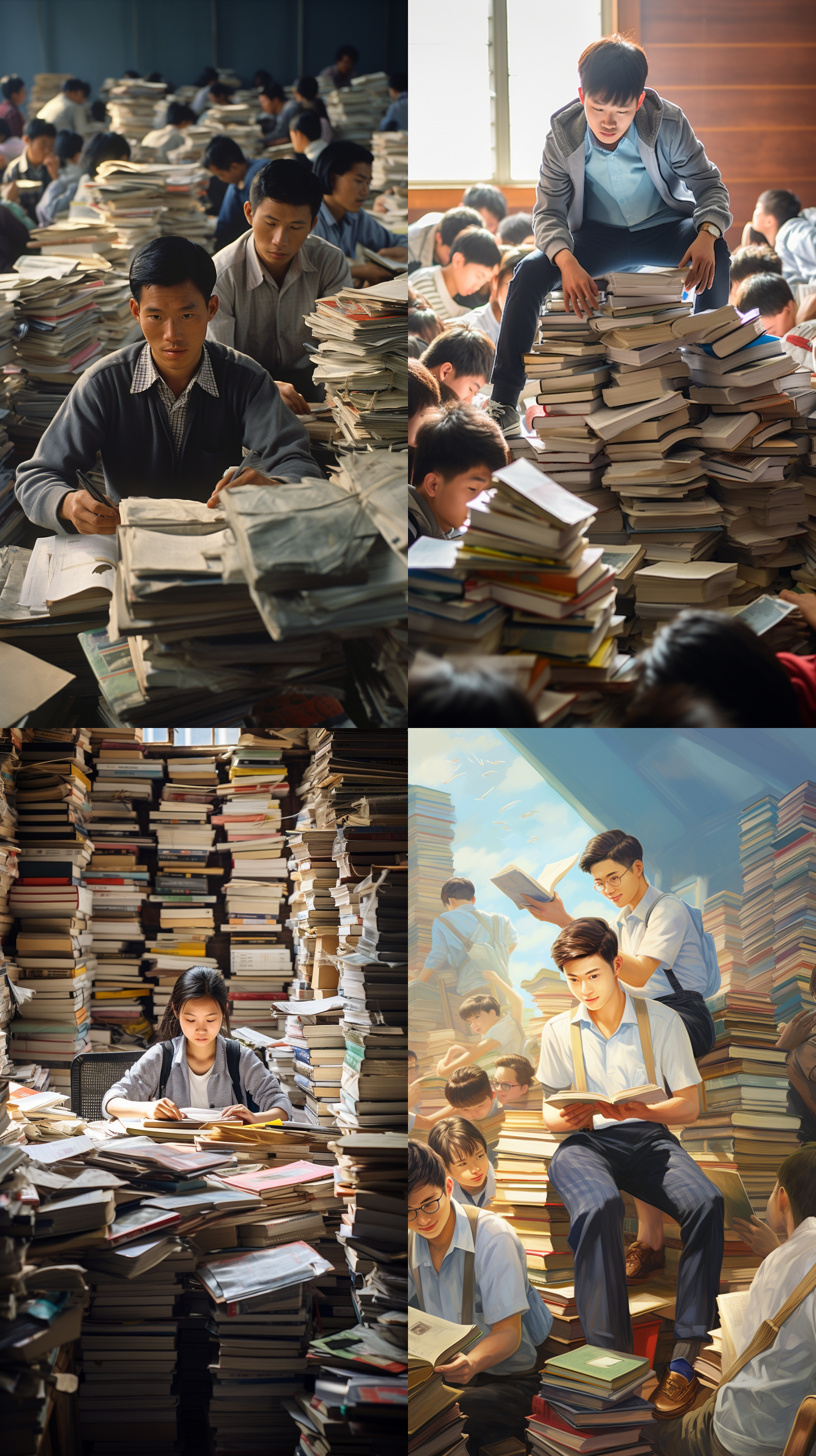 堆积如山的课本，写满知识点的黑板，紧张复习的中国高三同学，朗朗读书声，安静自习的氛围，一沓沓试卷，磨损的课桌椅，鼓励的标语清晰写实，教室背景，自然光，中角度拍摄，柔和色彩，自信微笑，团结和谐氛围。