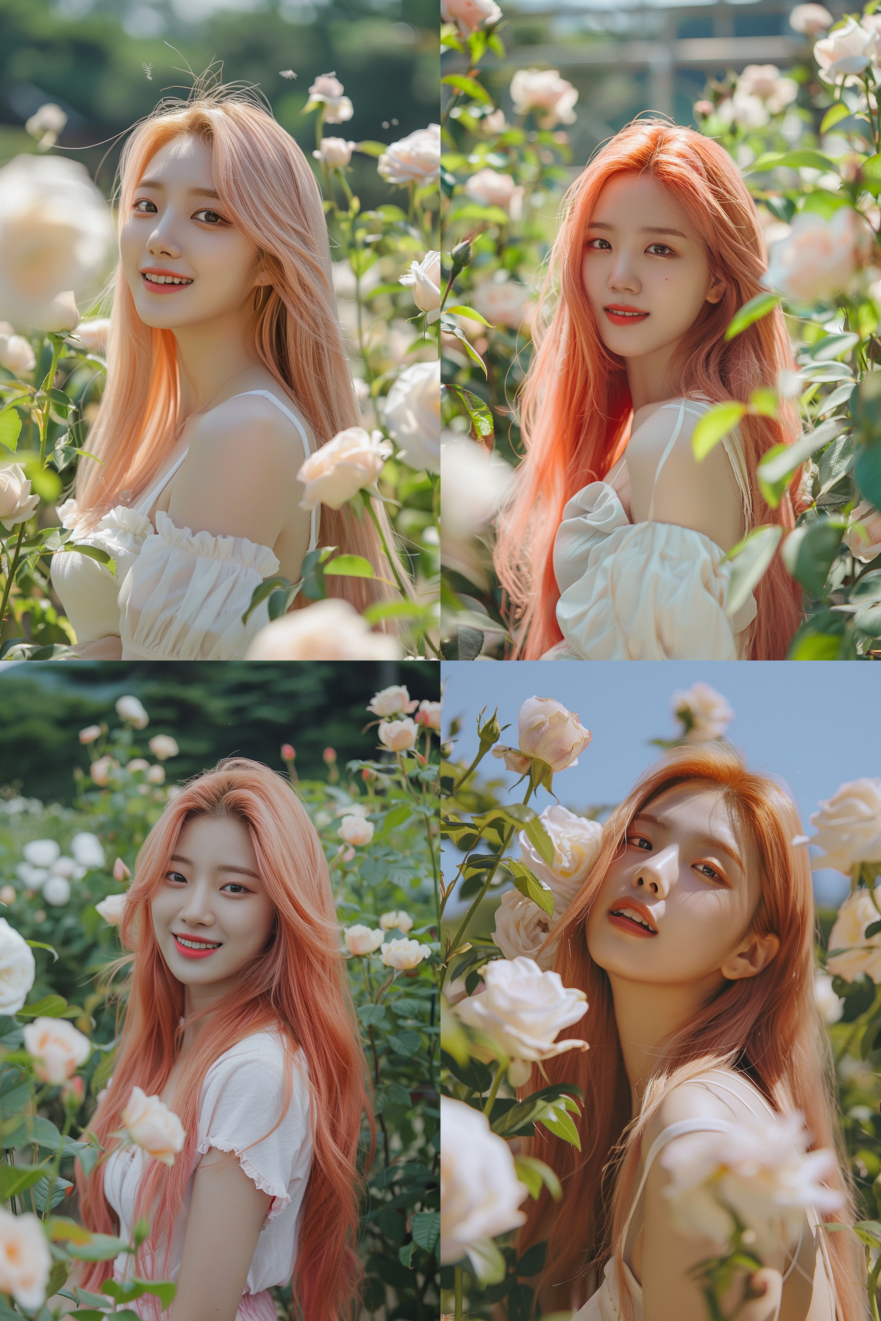 韩国女性，背景白色玫瑰与绿植，长发直金，淡妆，户外自然光，户外自拍风格，突出微笑，表情自信美丽。自然光，户外自拍，粉色头发，白色玫瑰，绿植背景，淡妆，长发直金，微笑，自信，美丽。