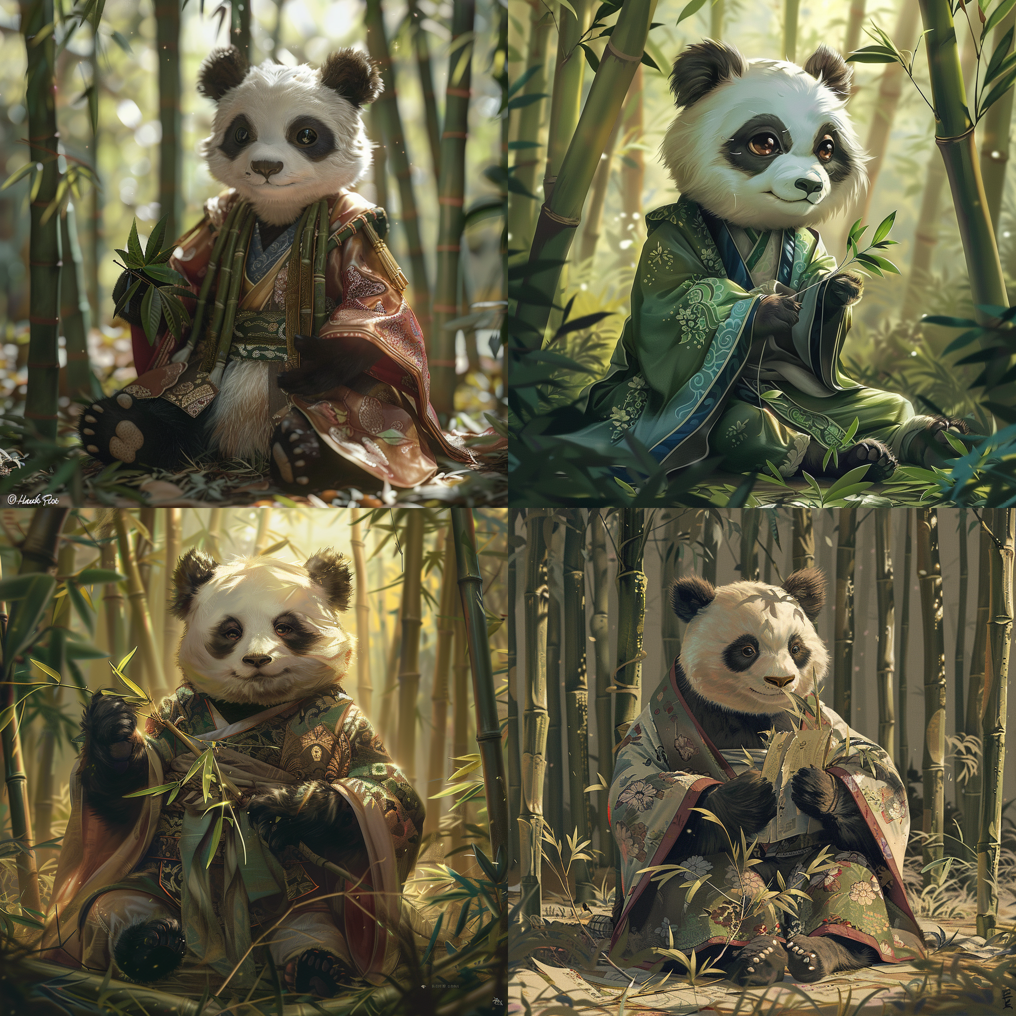 华华大熊猫穿汉服，竹林中优雅坐姿，手持竹叶，似品茶仪式，表情宁静满足。阳光斑驳，竹影婆娑，汉服图案精致，色彩鲜艳，与白毛形成鲜明对比。大眼睛深邃，仿佛沉思学者。结合传统中国画技法与现代数字艺术，展现华华独特魅力及汉服的典雅。整体画面传达出永恒的美与文化敬意。,汉服,竹林,优雅坐姿,手持竹叶,宁静表情,斑驳阳光,竹影,精致汉服图案,白毛对比,大眼睛,沉思,传统中国画技法,现代数字艺术,文化典雅。