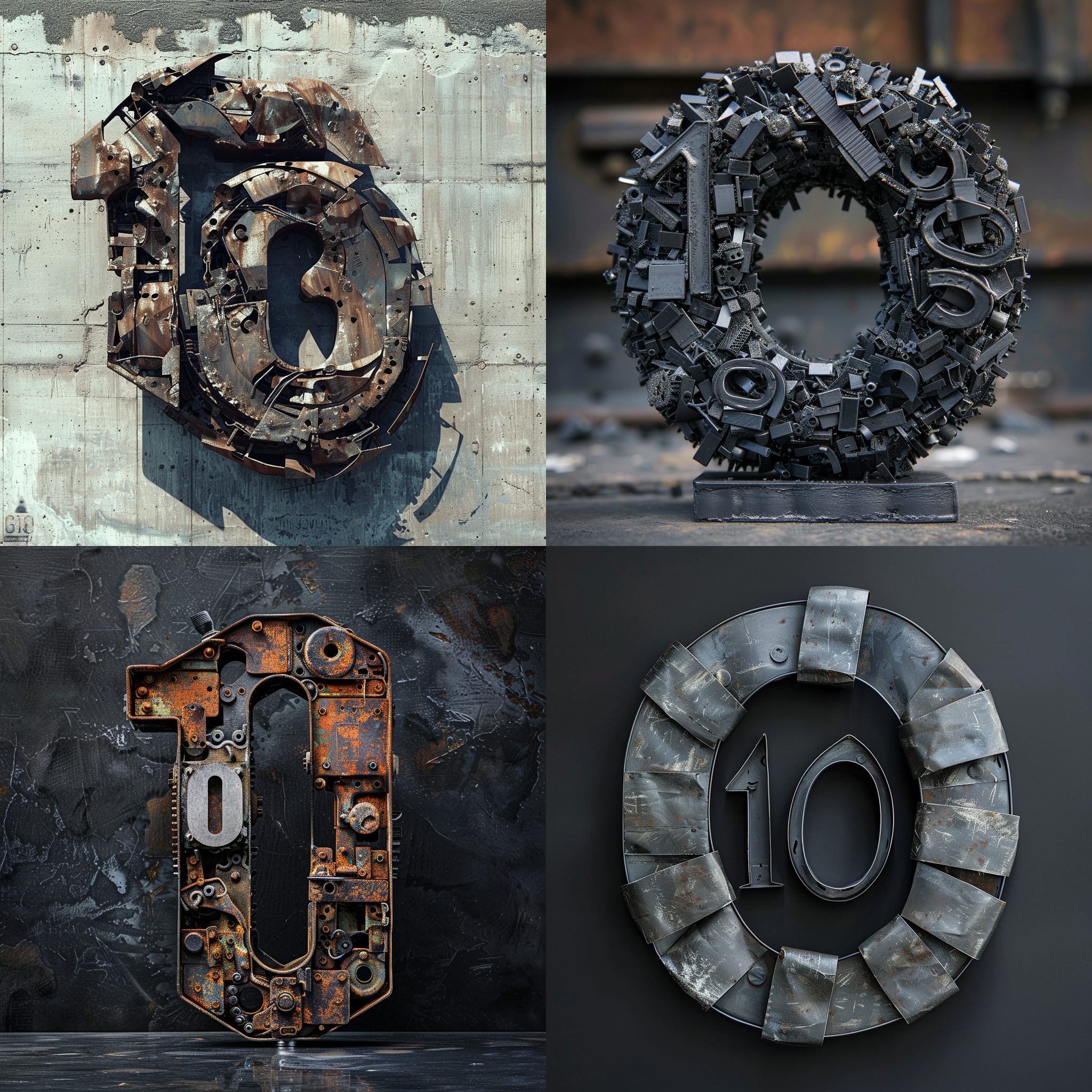 数字‘10’雕塑，废铁材质，广角仰拍，纯净背景，科技氛围，金属质感，锐利焦点，冷色调，高光反射，抽象艺术，未来感。
