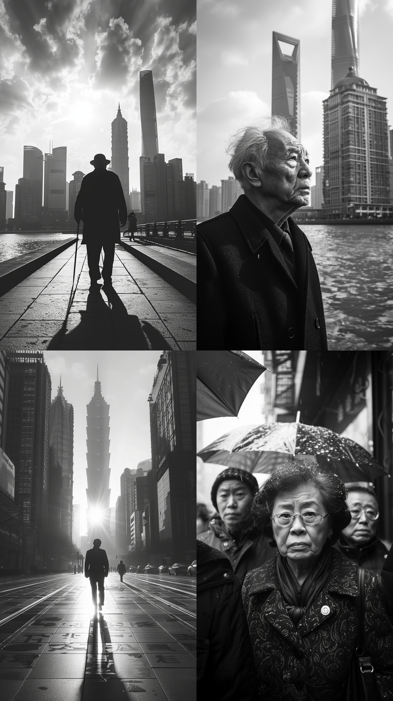 纪实摄影，玛格南风格，黑白全景，中国上海街头，走路的人，光影反差大，高画质，超精细hd16k，长焦镜头，背光，动态模糊，深沉，孤独。