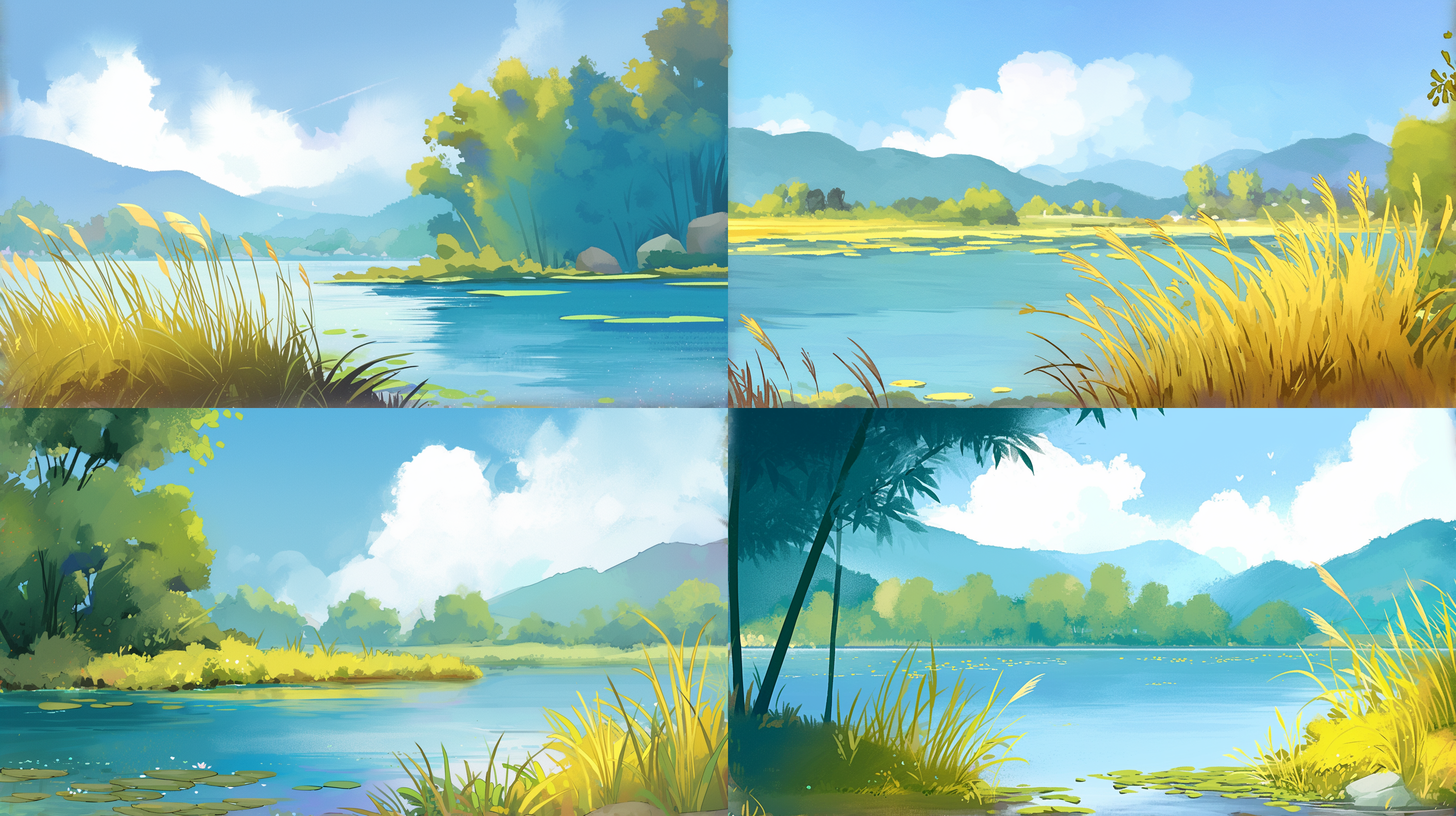 河边，前景河岸上满是蒌蒿，芦苇也长出了短短的嫩芽，高精细度，横向构图，正侧视角，柔和光线，暖色调，色彩可爱，高分辨率，高细节，高精度16k 水彩儿童画