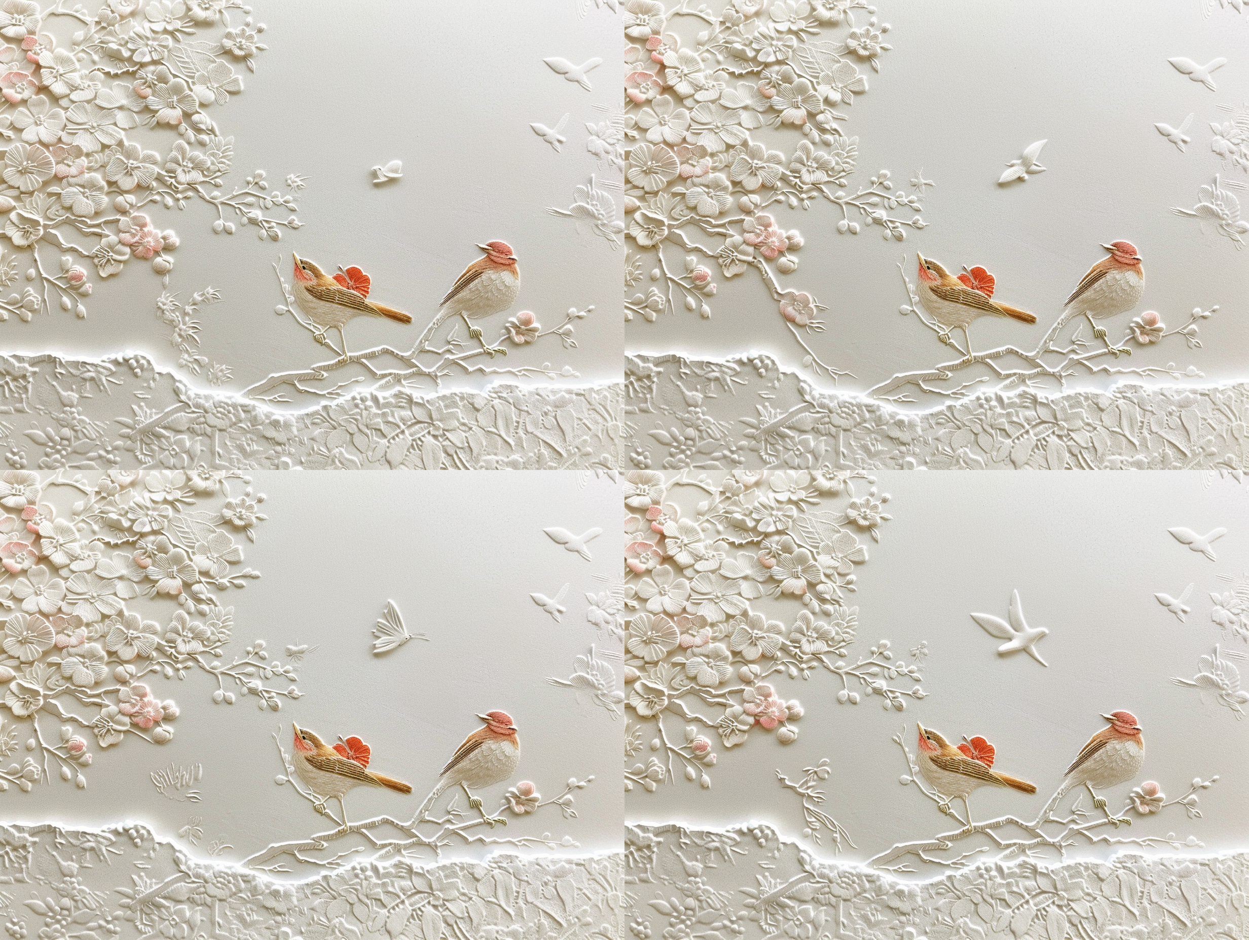 中国美学，大面积留白，花卉鸟类，轻巧浮雕图案，部分着色，纯白背景，清新淡雅，柔和光线，细腻笔触，静谧氛围，自然元素，和谐统一。
