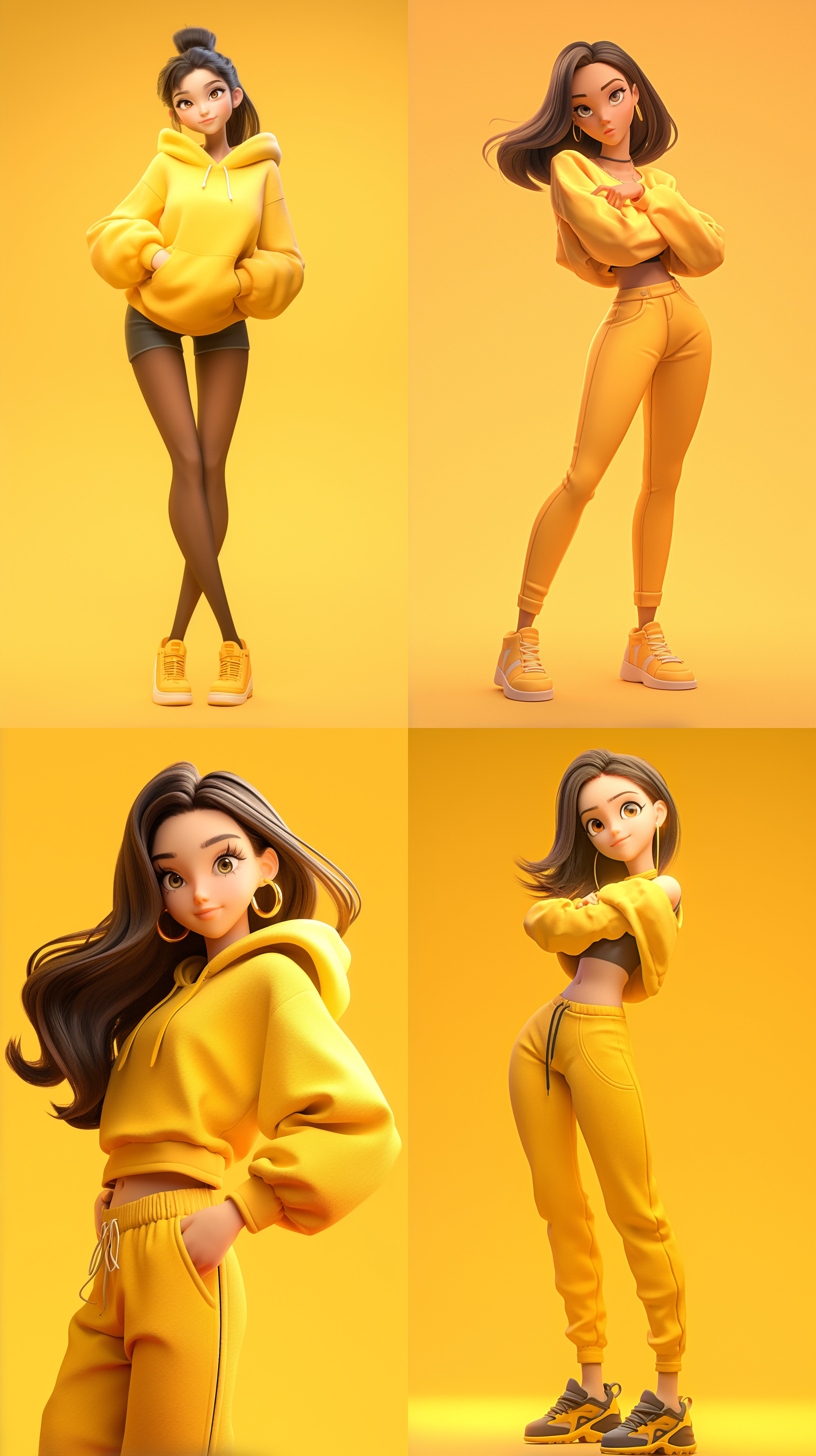 黑色头发，黄色衣服，可爱的女孩，创业者现象，黄色背景前，详细的角色设计，全身可见，卡通ip风格，动感十足。配色柔和，采用3d建模软件c4d制作，使用超高品质ultra hd 8k分辨率，水果元素, 卡通ip风格, 科技感, 水果蔬菜装饰, 水果武器, 视图, 3d建模, c4d, ultra hd 8k, 皮克斯动画.