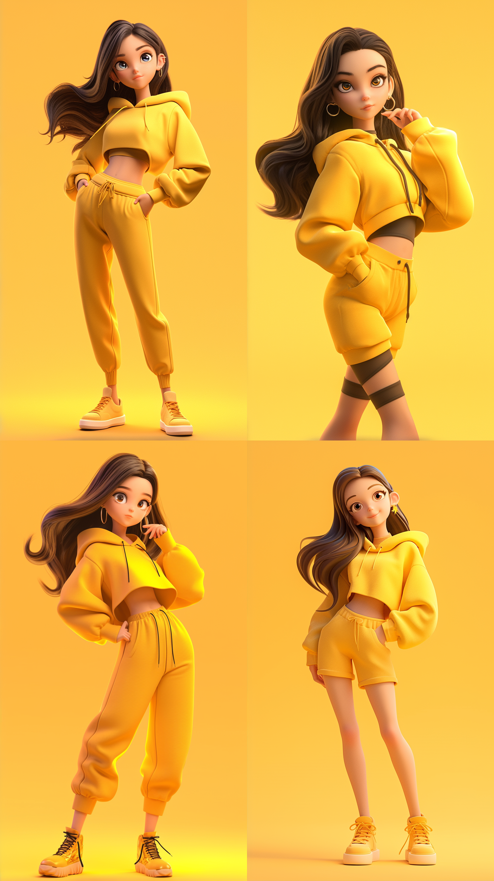 黑色头发，黄色衣服，可爱的女孩，创业者现象，黄色背景前，详细的角色设计，全身可见，卡通ip风格，动感十足。配色柔和，采用3d建模软件c4d制作，使用超高品质ultra hd 8k分辨率，水果元素, 卡通ip风格, 科技感, 水果蔬菜装饰, 水果武器, 视图, 3d建模, c4d, ultra hd 8k, 皮克斯动画.