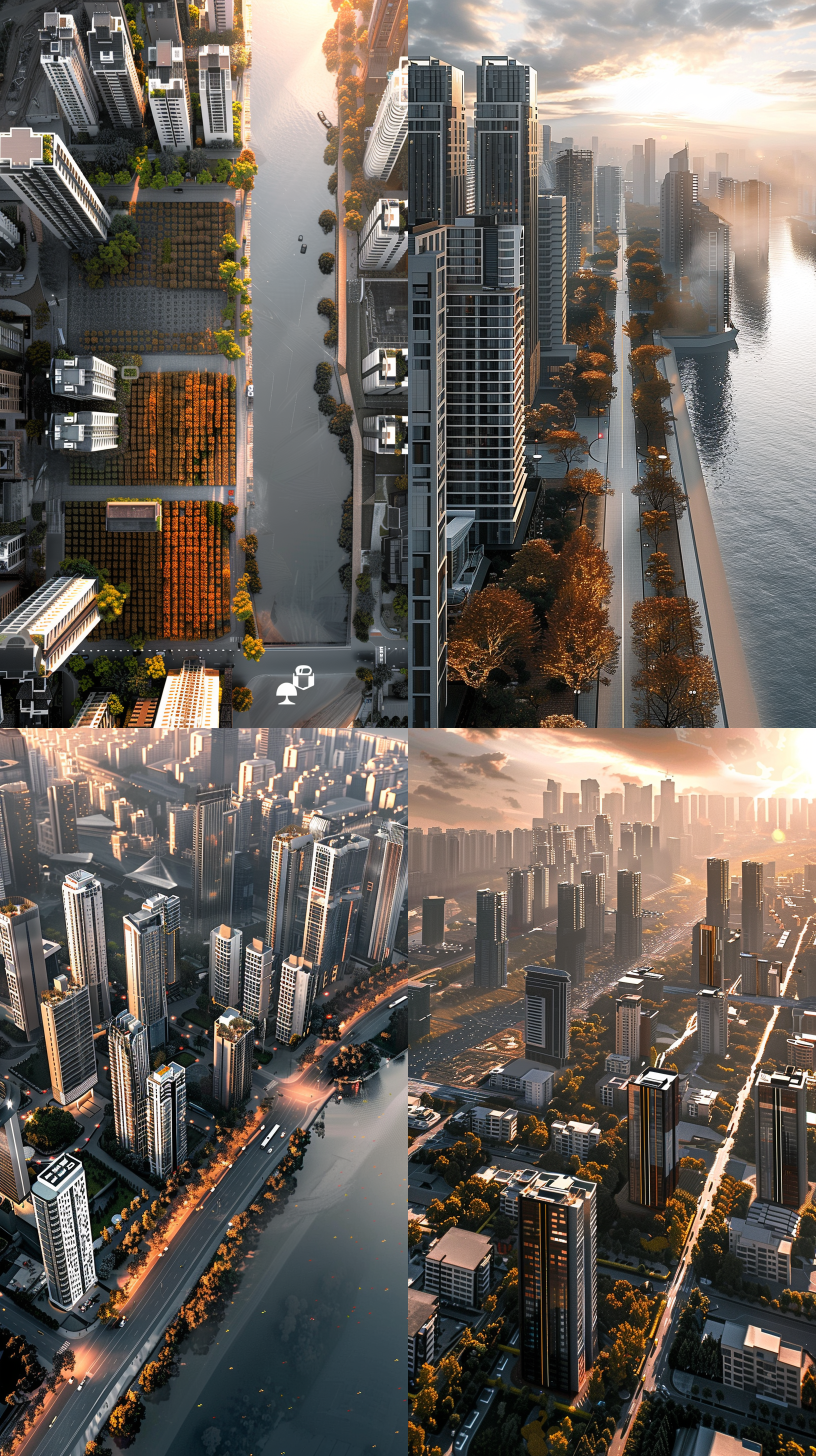 100数字生成建筑，无人机低空顶视图，海边三维建筑，3d oc渲染，屋顶文本艺术，树木，金色油菜田，海水，天空，美学风景，美丽和美学，深度现场，广角镜头，高清晰度，自然光照，和谐色彩，宁静氛围。 近未来城市 未来城市 城市